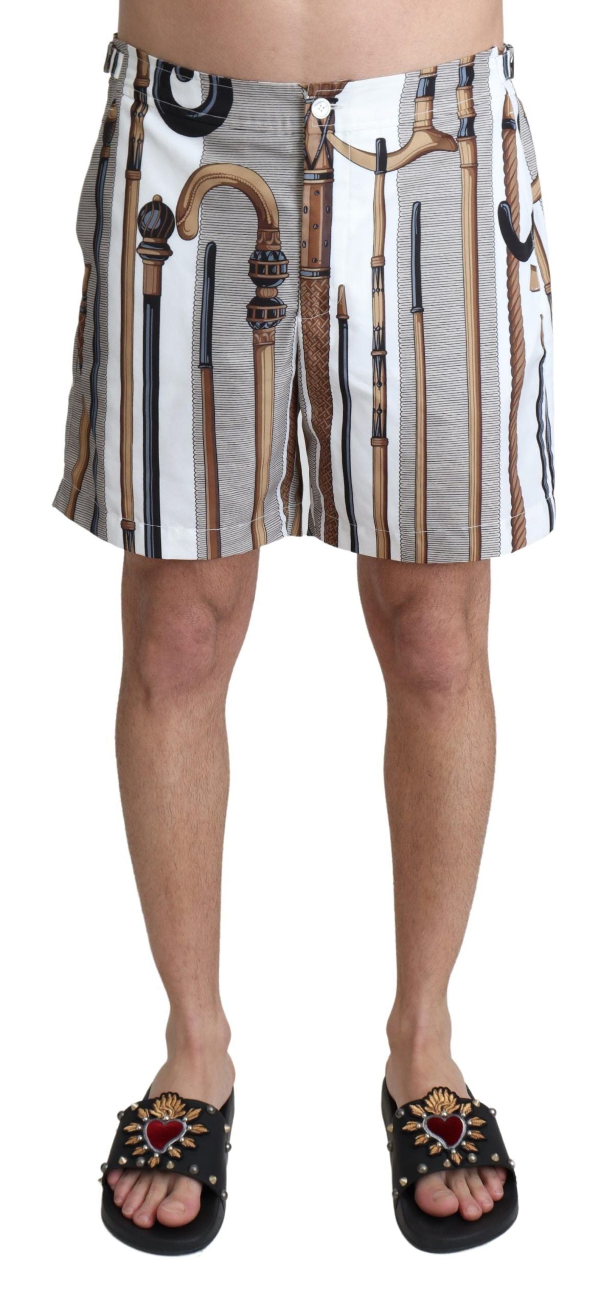 Dolce & Gabbana White Walking Stick Beachwear Shorts Swimshorts
