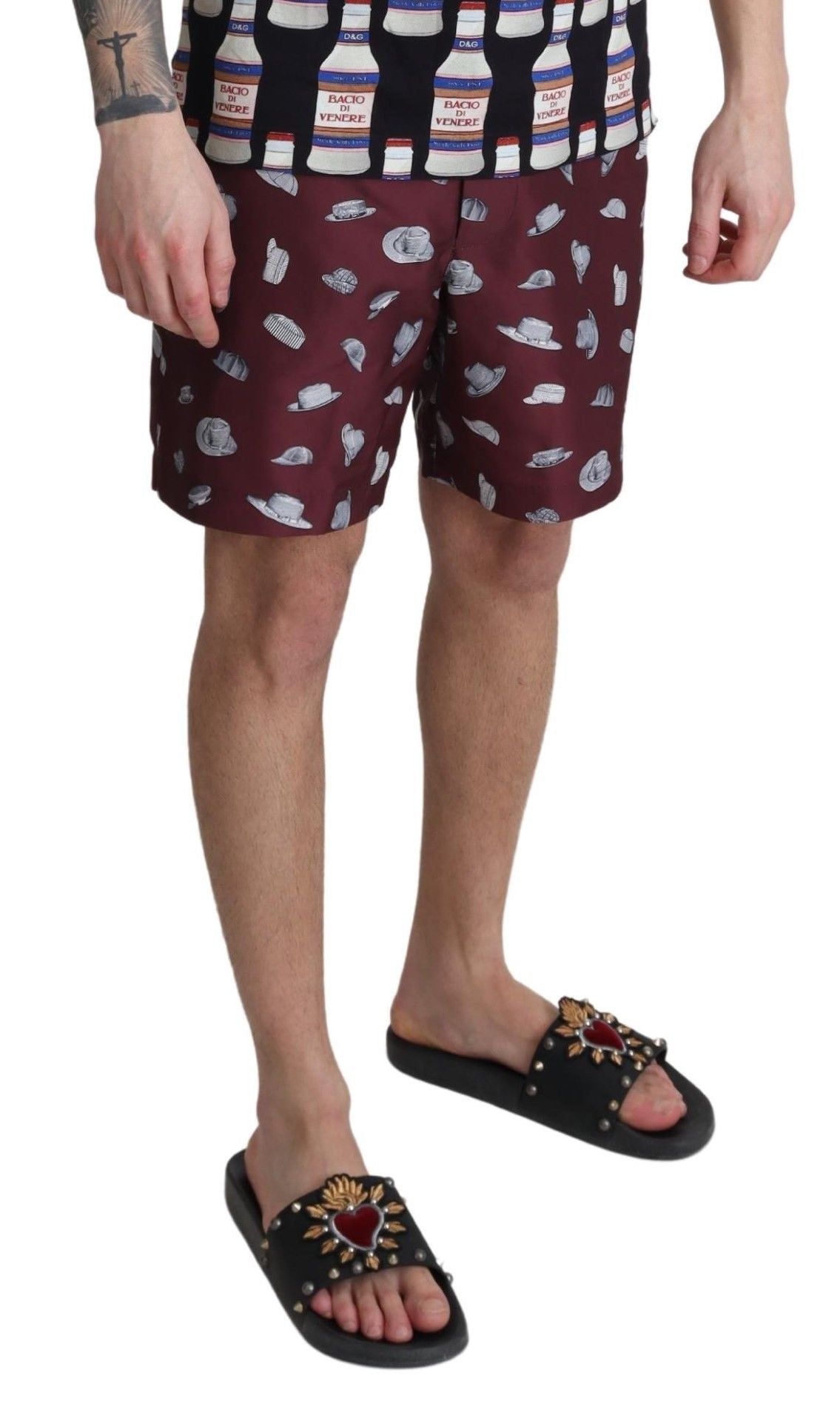 Kastanienbraune Hüte Print Beachwear Shorts Bademode