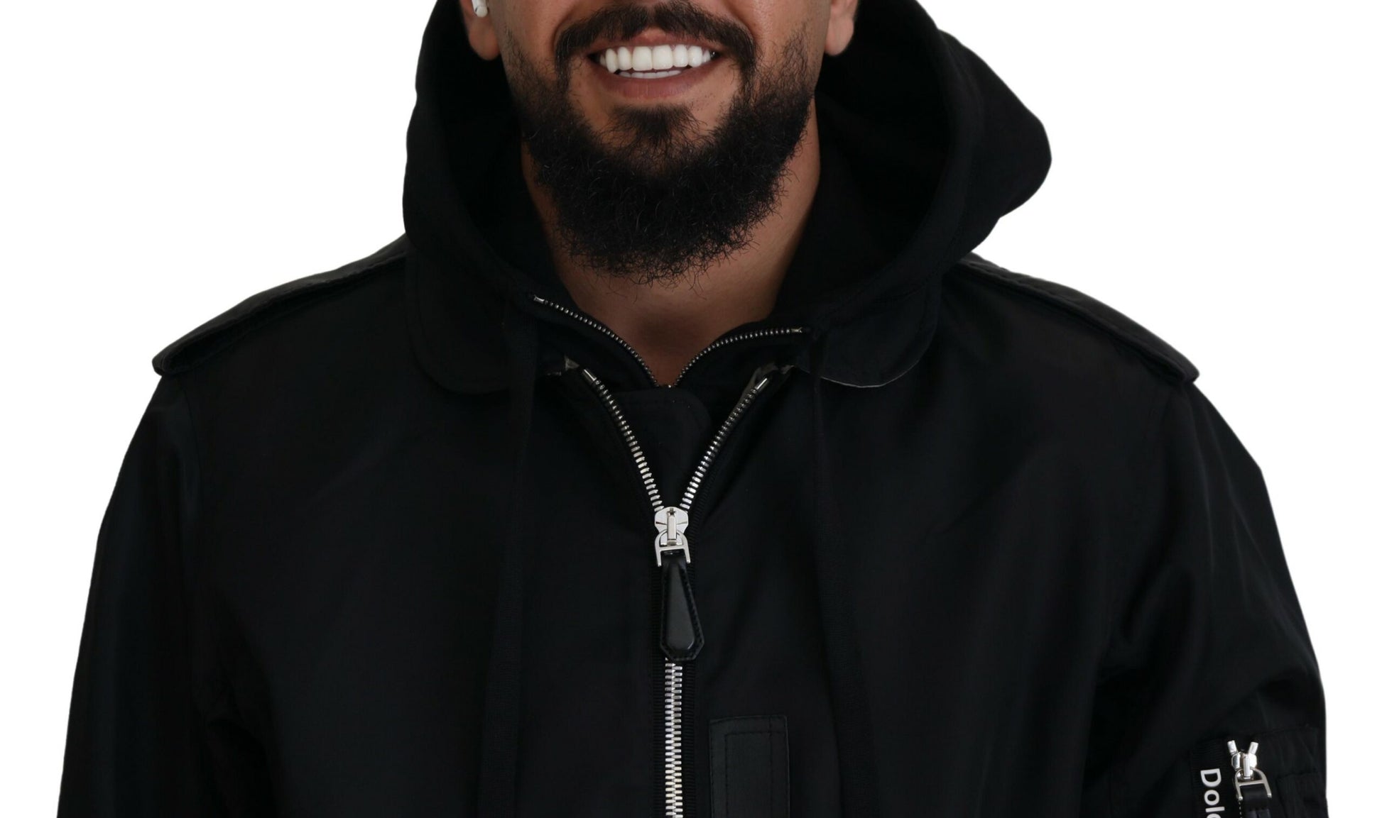 Schwarze Nylon-Kapuzenjacke mit durchgehendem Reißverschluss für Herren