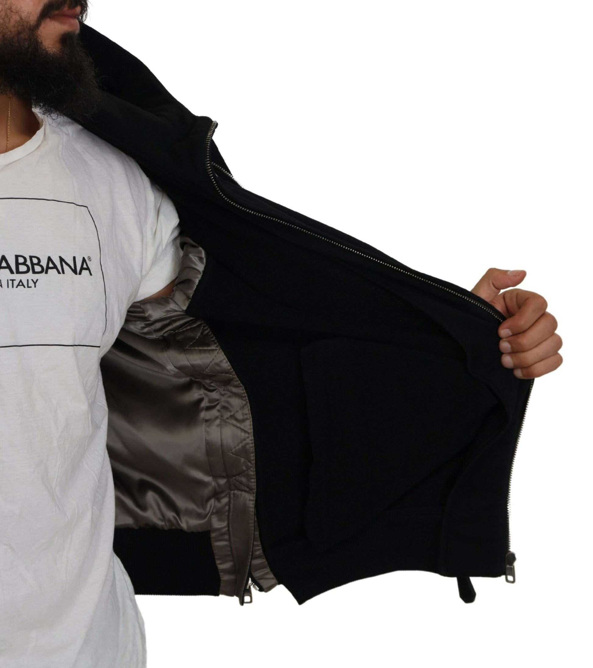 Schwarze Nylon-Kapuzenjacke mit durchgehendem Reißverschluss für Herren