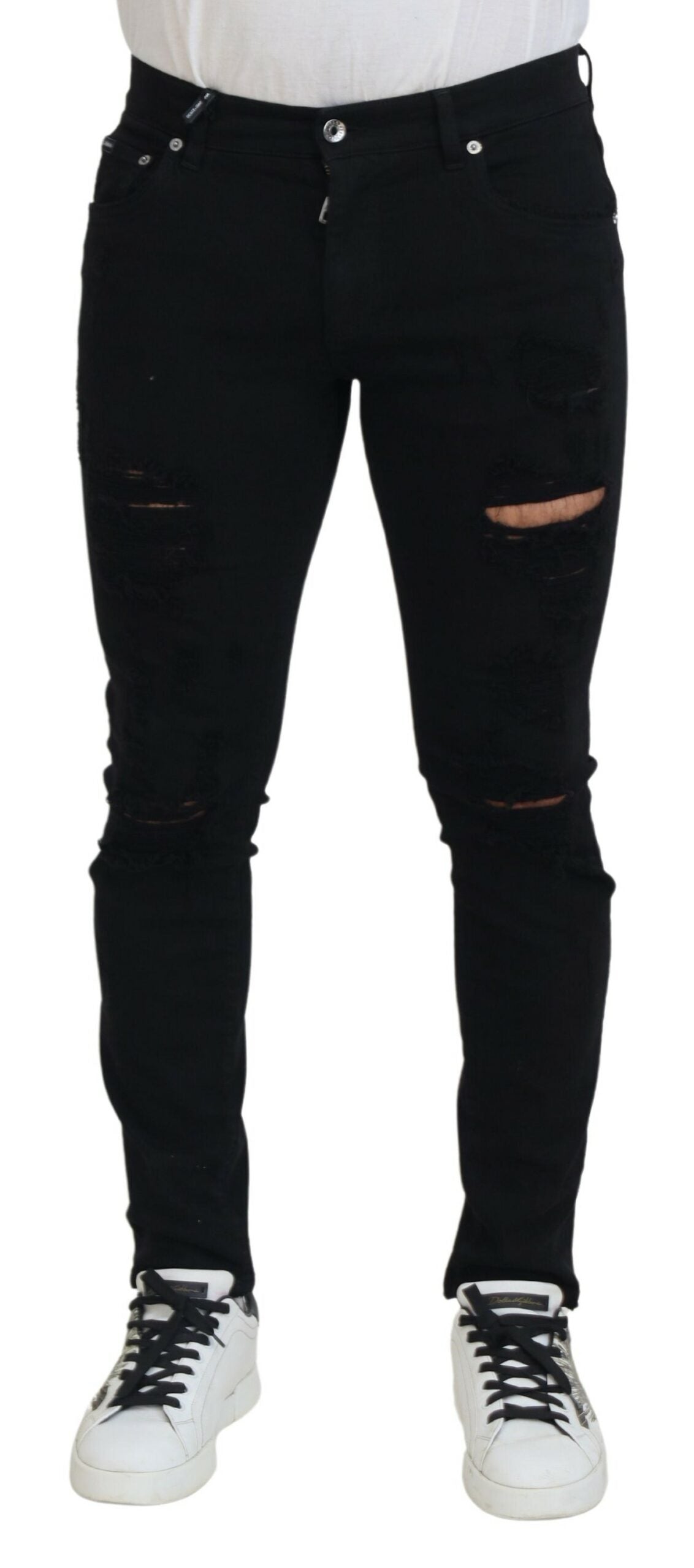 Schwarze Slim Fit Jeans aus zerfetztem Baumwolldenim