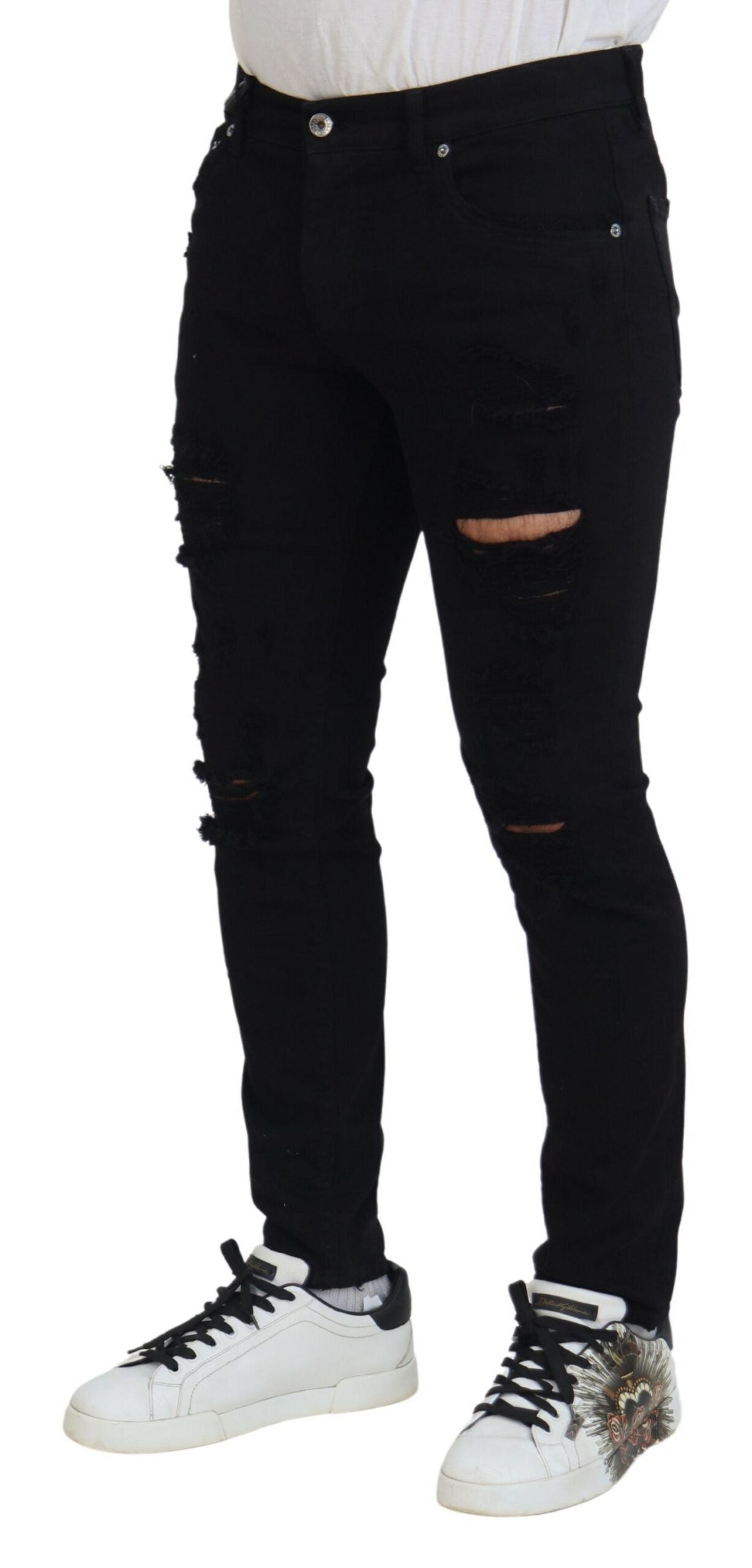 Schwarze Slim Fit Jeans aus zerfetztem Baumwolldenim