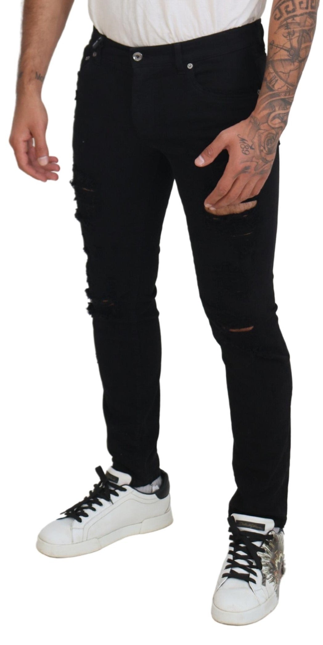 Schwarze Slim Fit Jeans aus zerfetztem Baumwolldenim