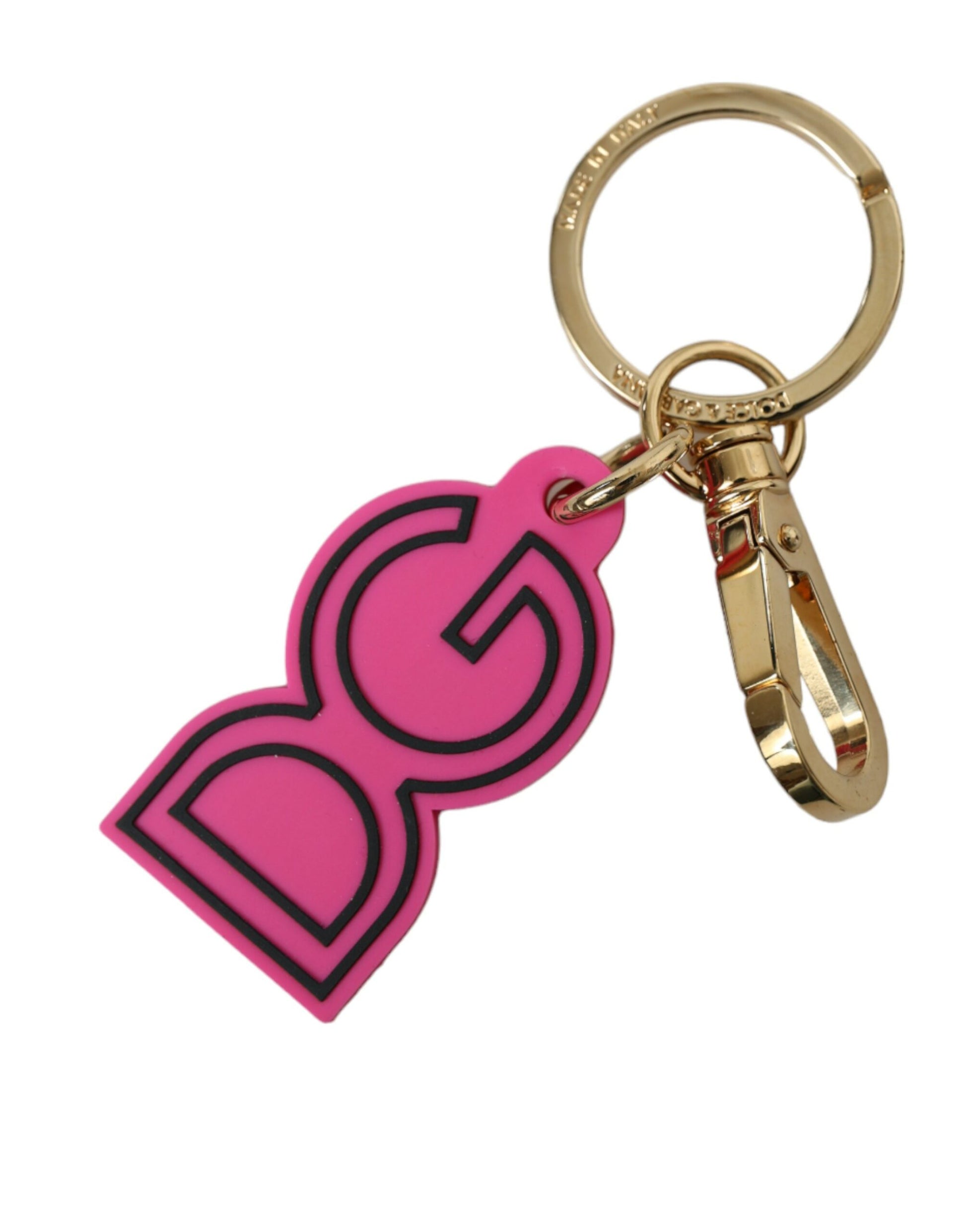 Schlüsselanhänger mit DG-Logo aus rosa Gummi und goldfarbenem Metall
