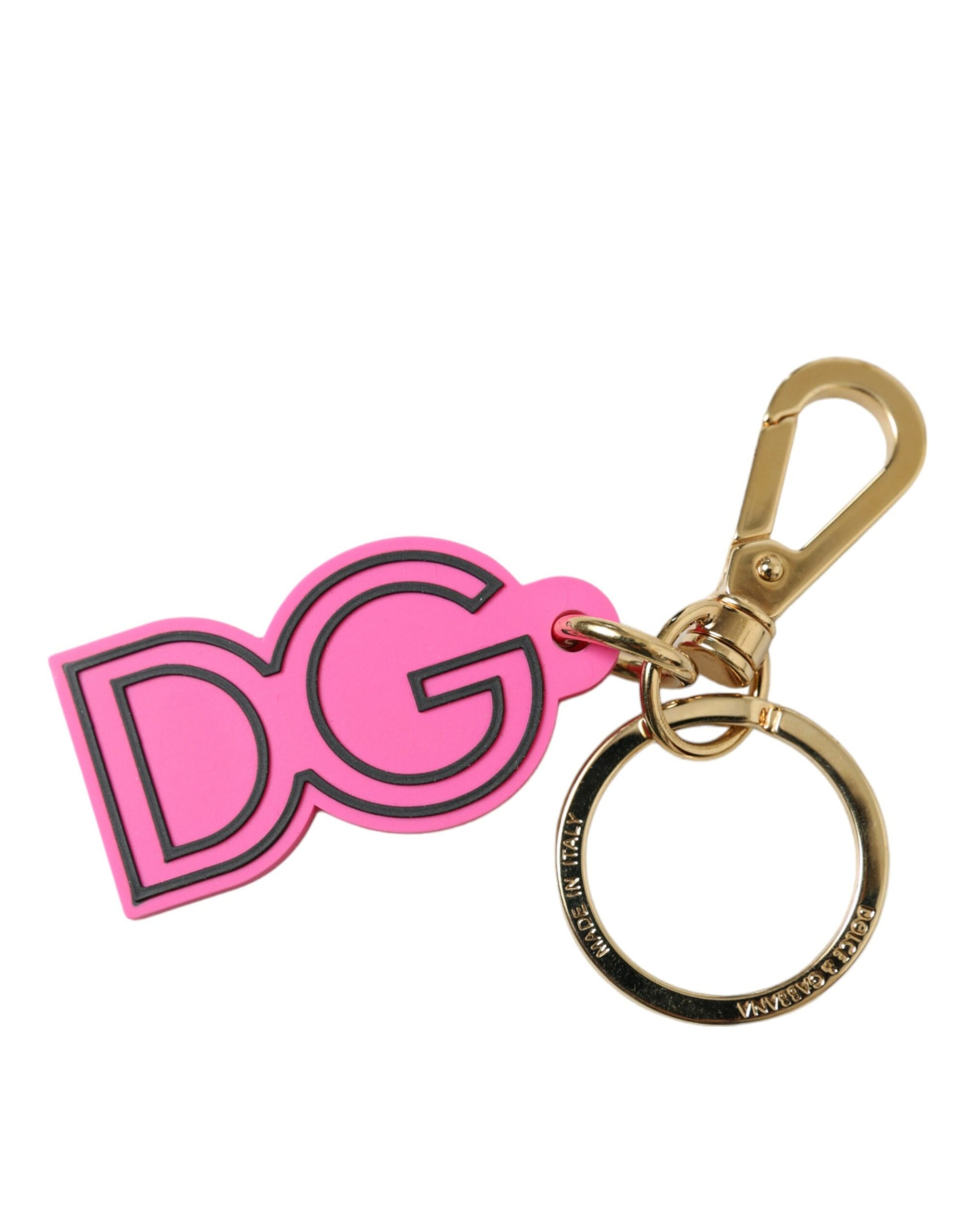 Schlüsselanhänger mit DG-Logo aus rosa Gummi und goldfarbenem Metall