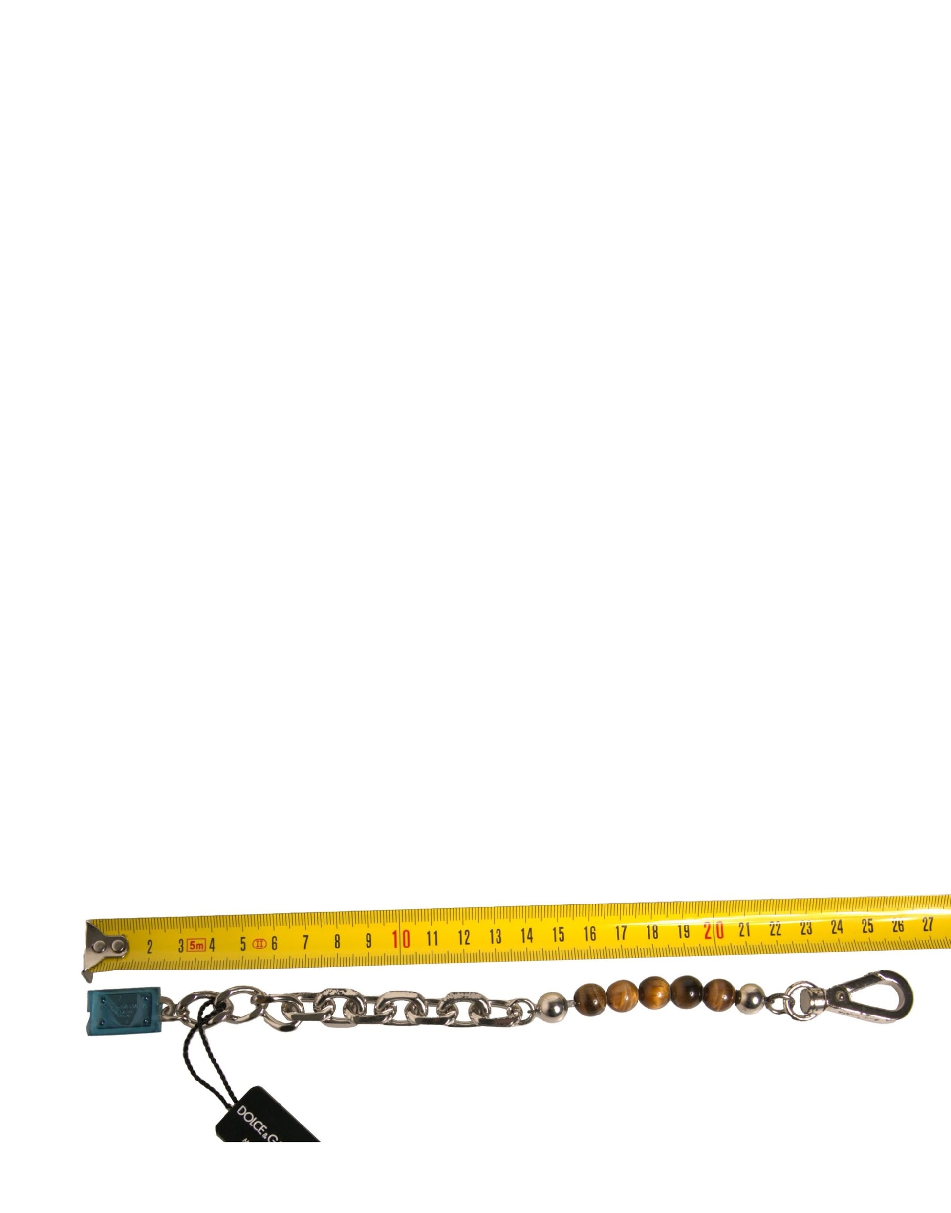 Schlüsselanhänger mit Logo-Plakette aus silberner Messingkette und Perlen