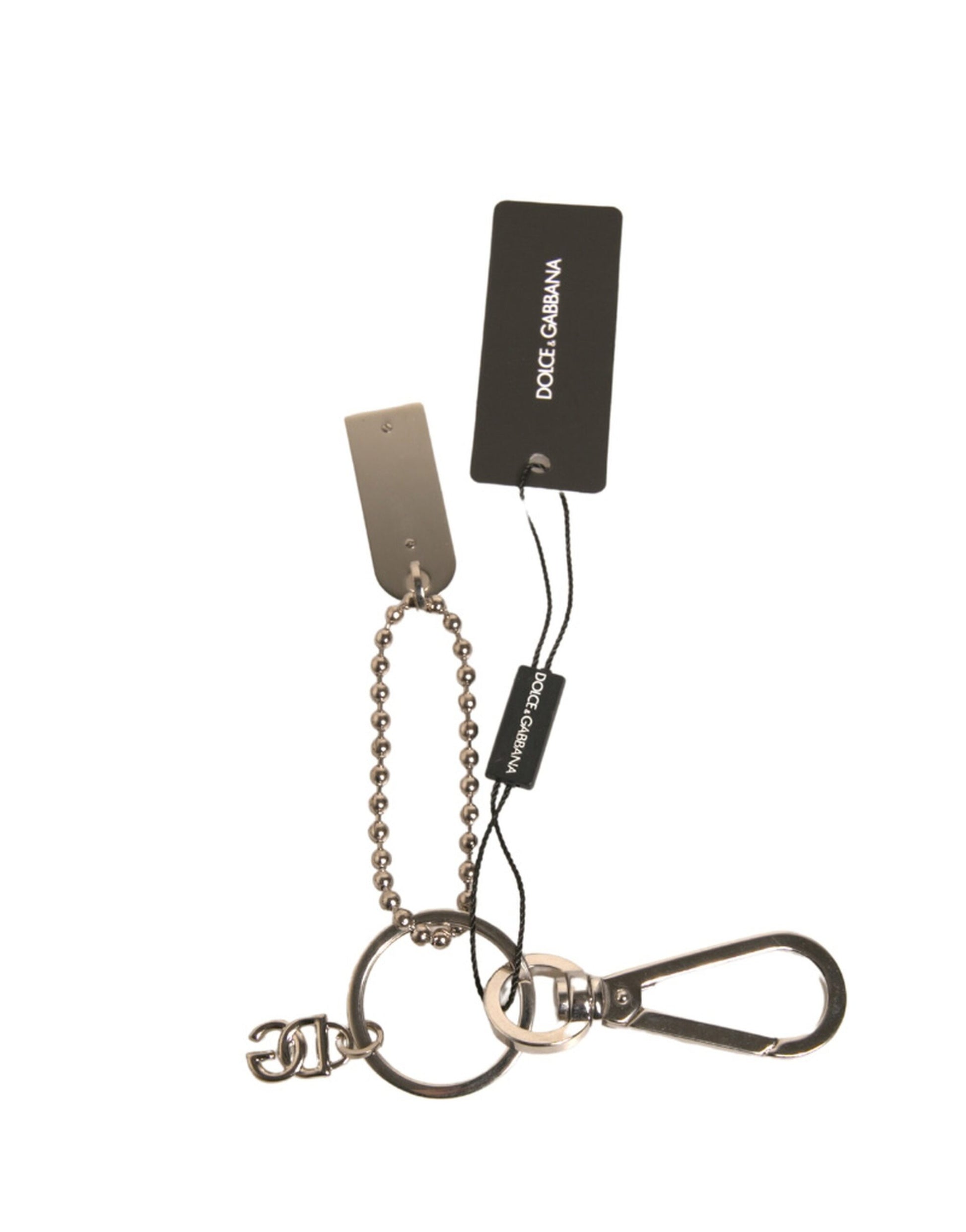 Schlüsselanhänger mit Logo-Plakette aus silberner Messingkette und Perlen