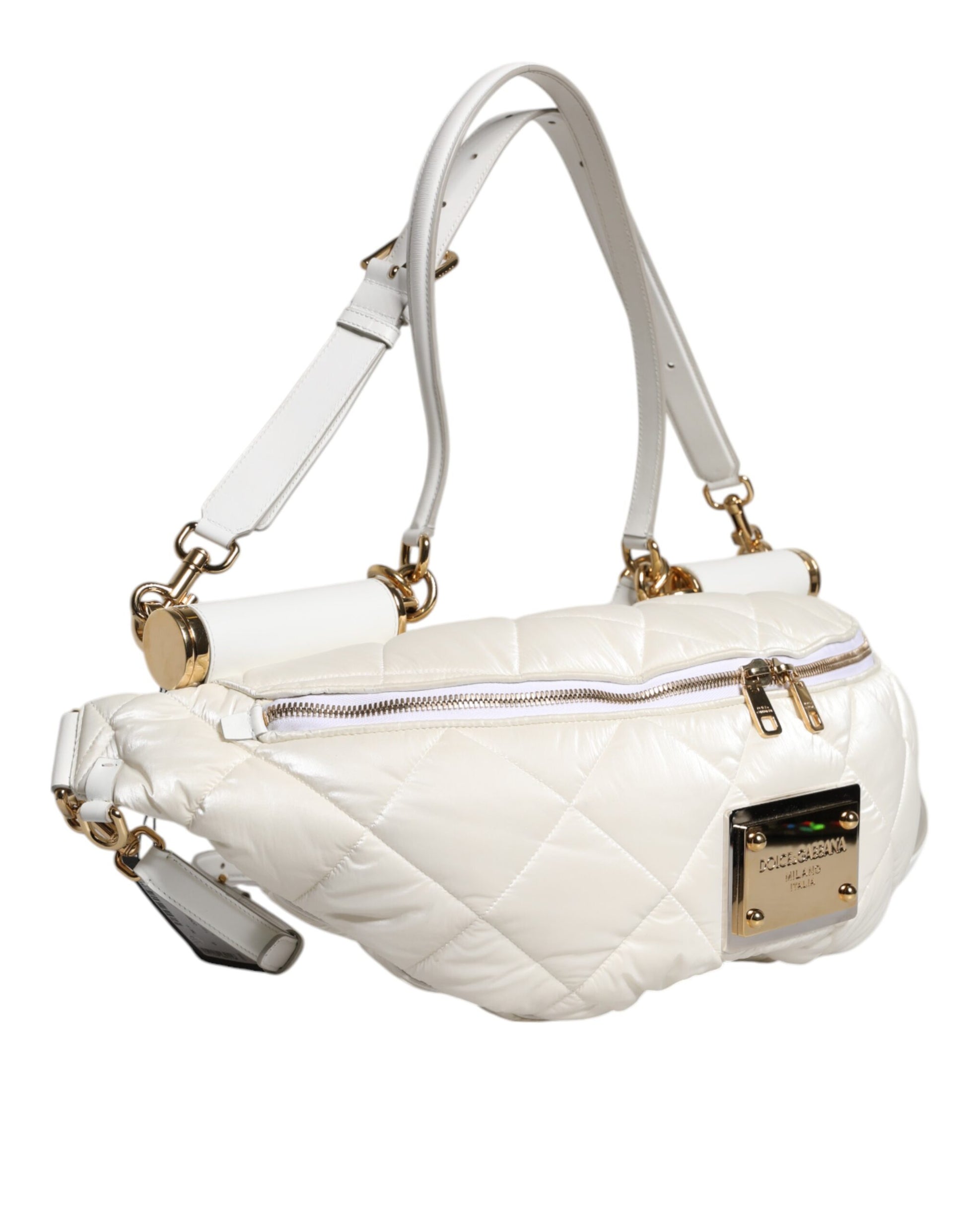 Dolce & Gabbana White Quilted Logo Plaque Belt Waist Fanny Pack Bag