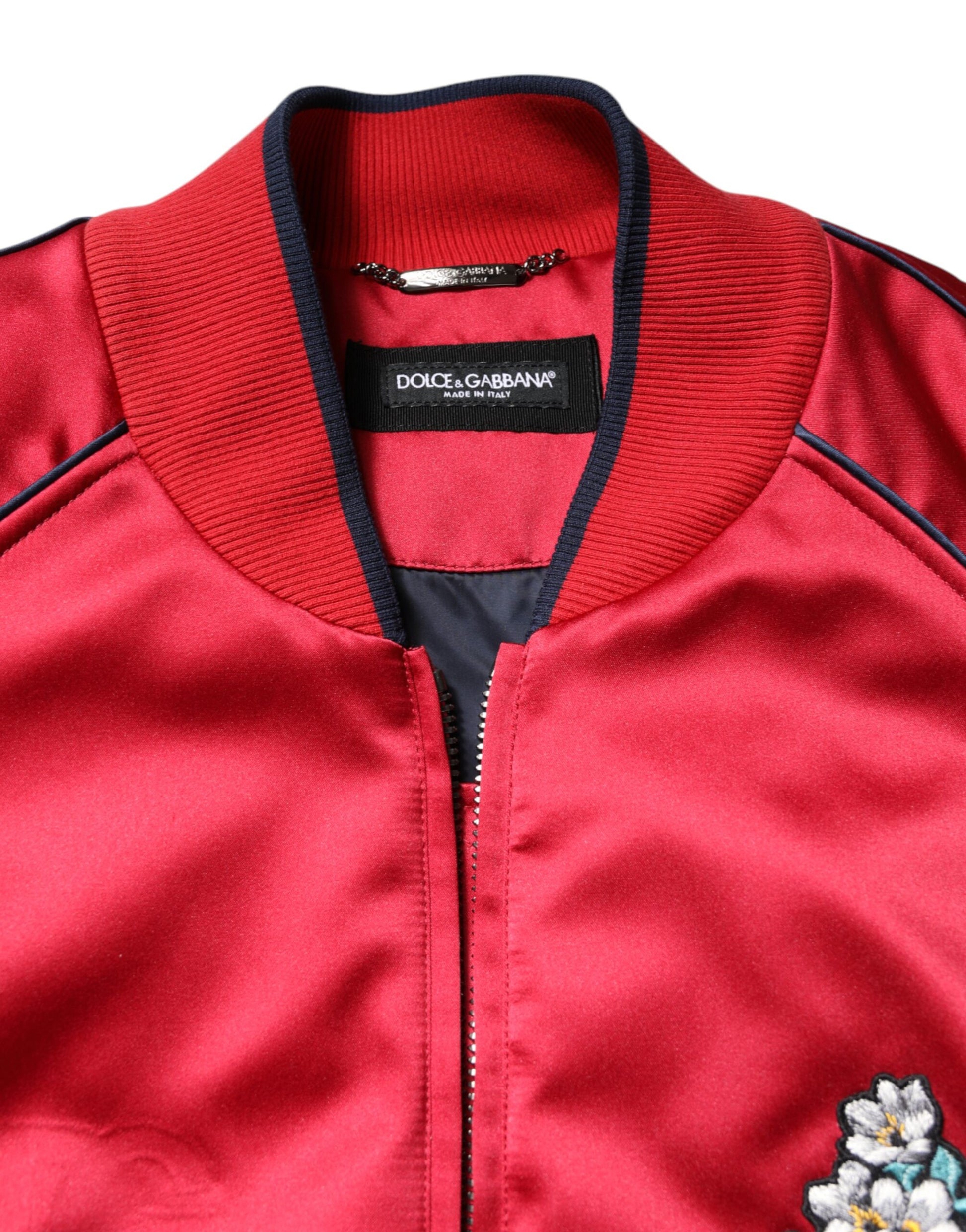 Rote Bomberjacke mit durchgehendem Reißverschluss und Blumenaufnäher für Herren