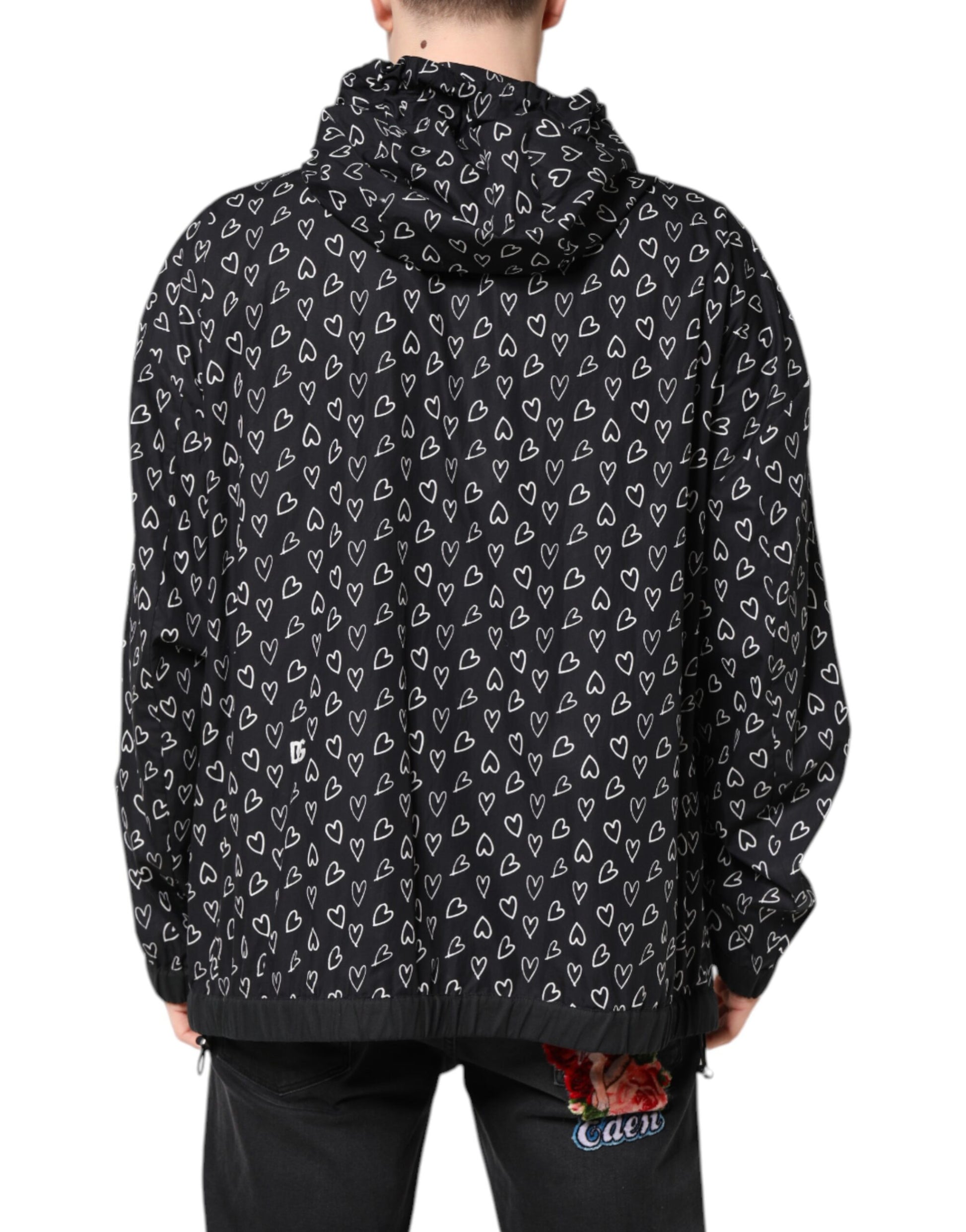 Schwarze Windjacke mit Kapuze und Herz-Print