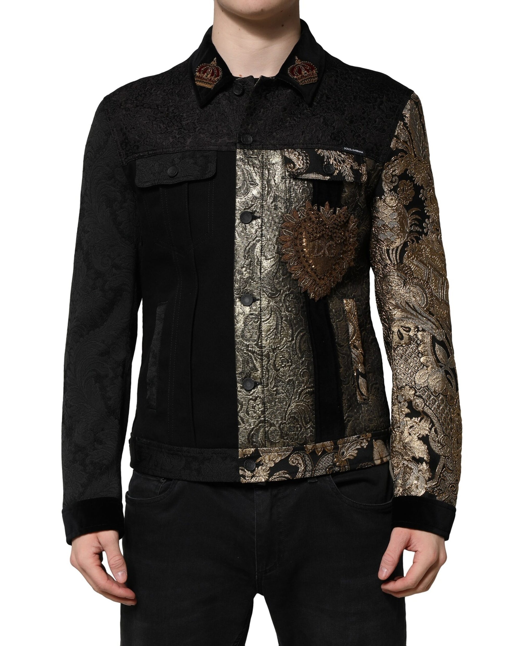 Schwarz-goldene Jacquard-Bikerjacke für Herren mit Blumenmuster