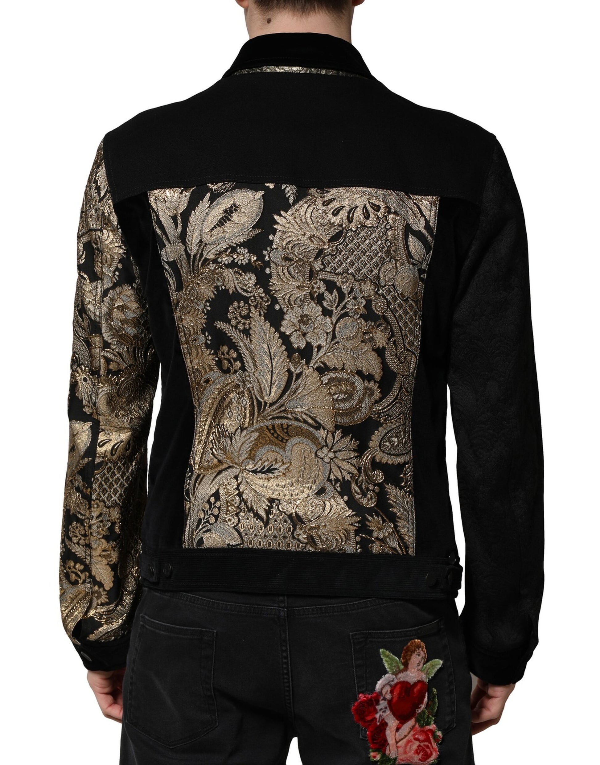 Schwarz-goldene Jacquard-Bikerjacke für Herren mit Blumenmuster