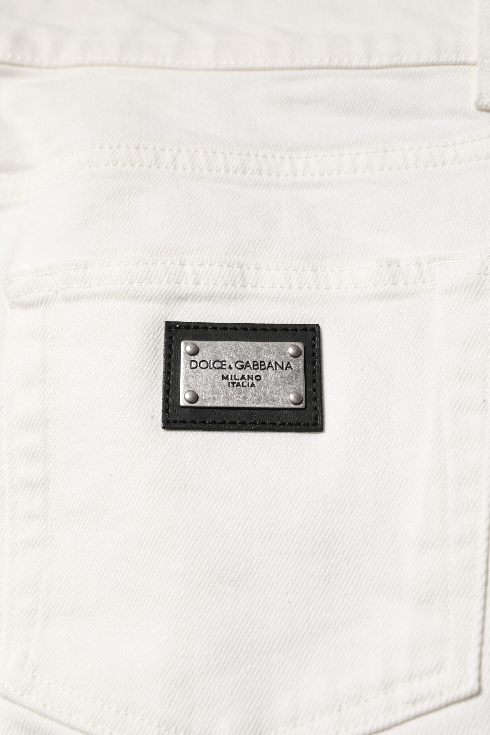 Dolce & Gabbana White Cotton Logo Plaque Slim Fit Denim Jeans