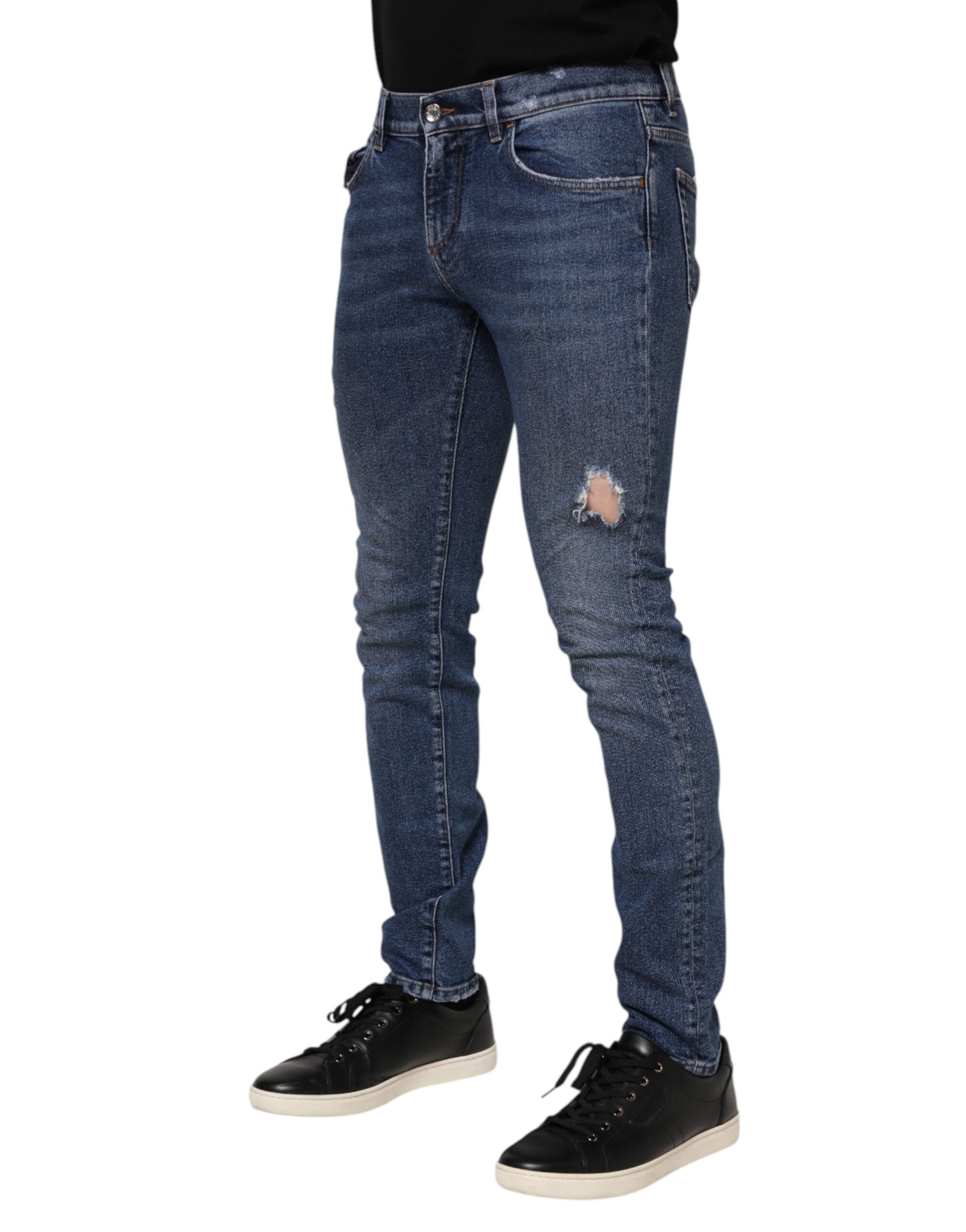 Blau verwaschene Skinny-Jeans aus zerfetztem Baumwolldenim