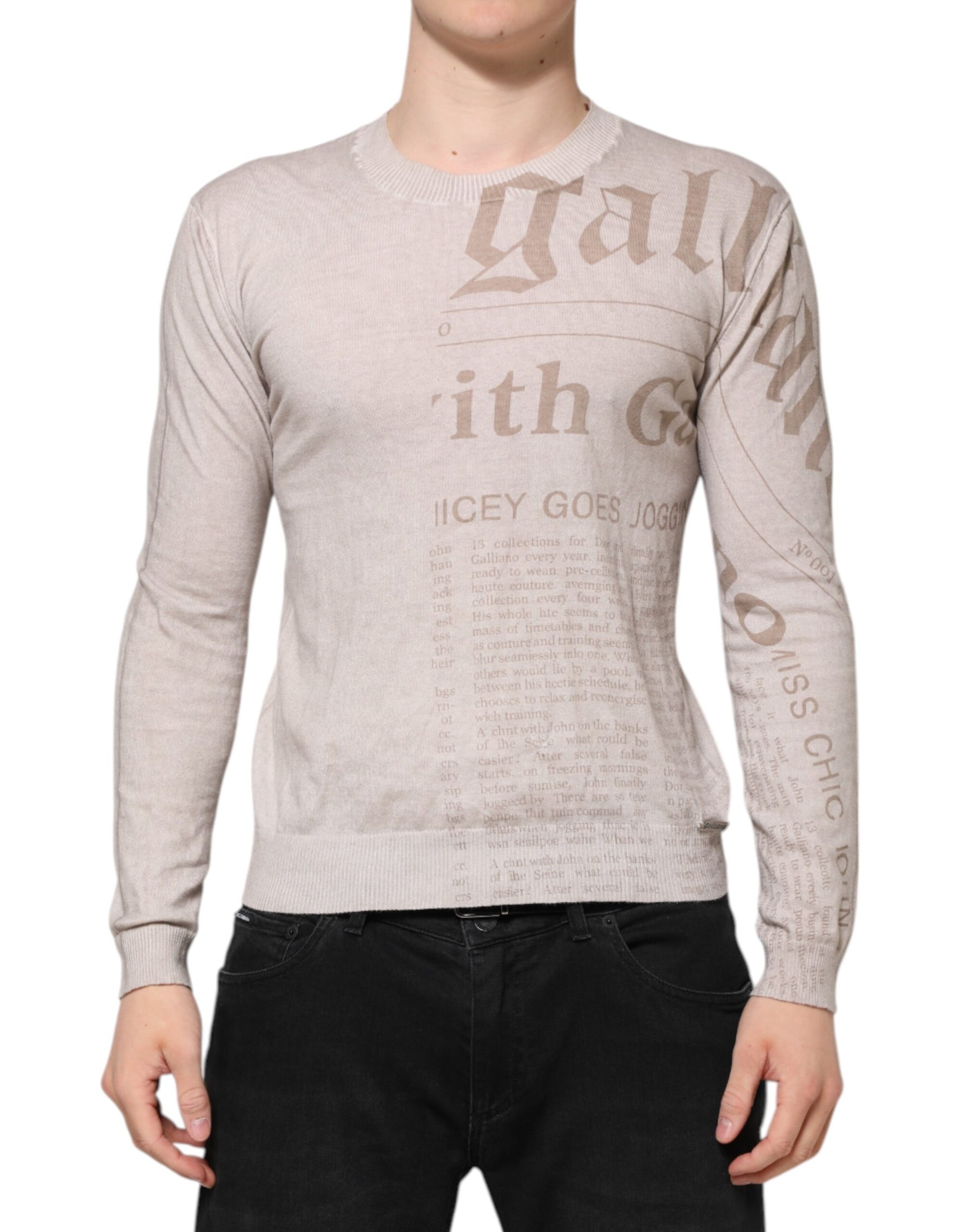 John Galliano Beige Printed Logo Roundneck Long Sleeves Men Sweater