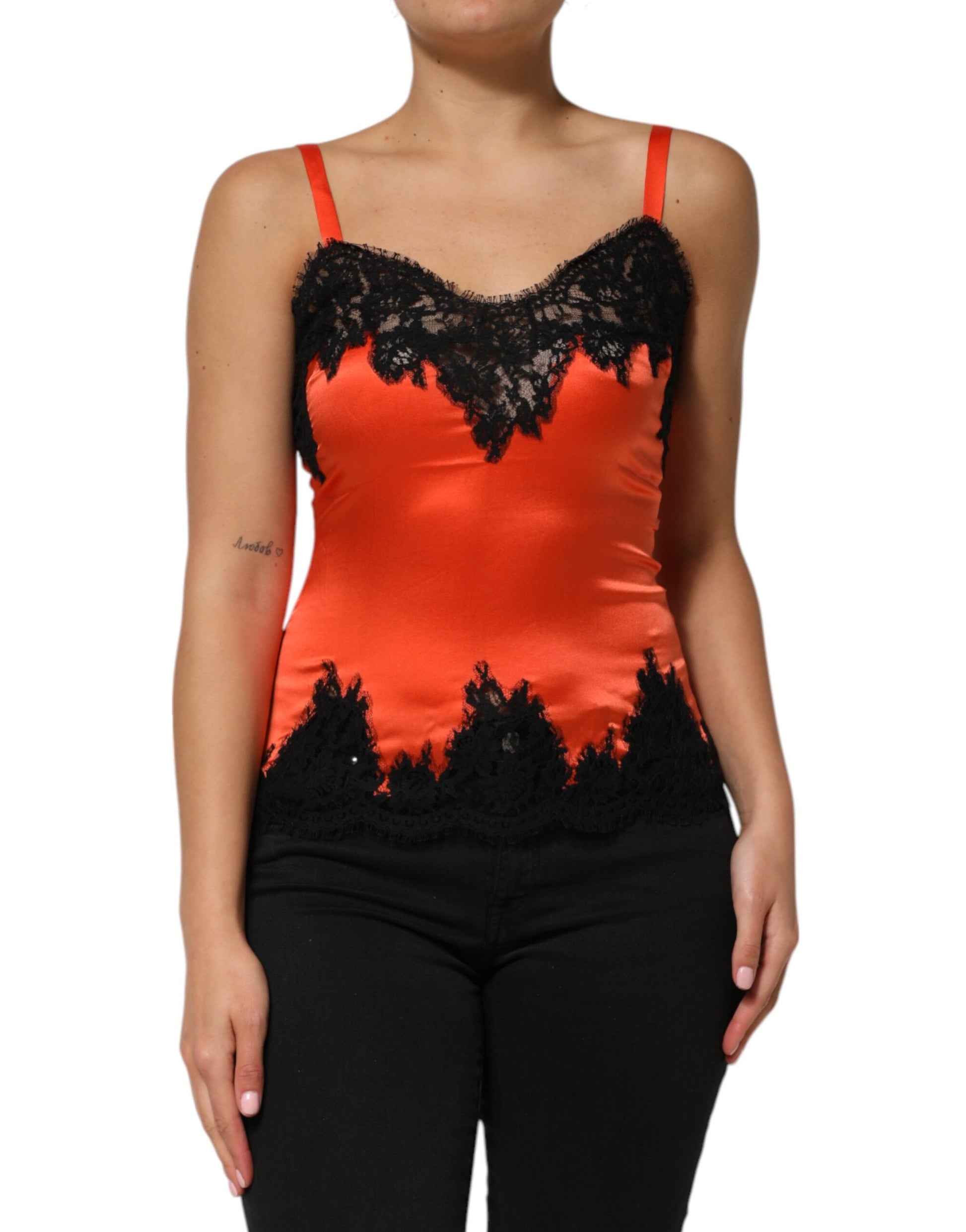Dolce & Gabbana Red Black Lace Trim Silk Sleeveless Tank Top