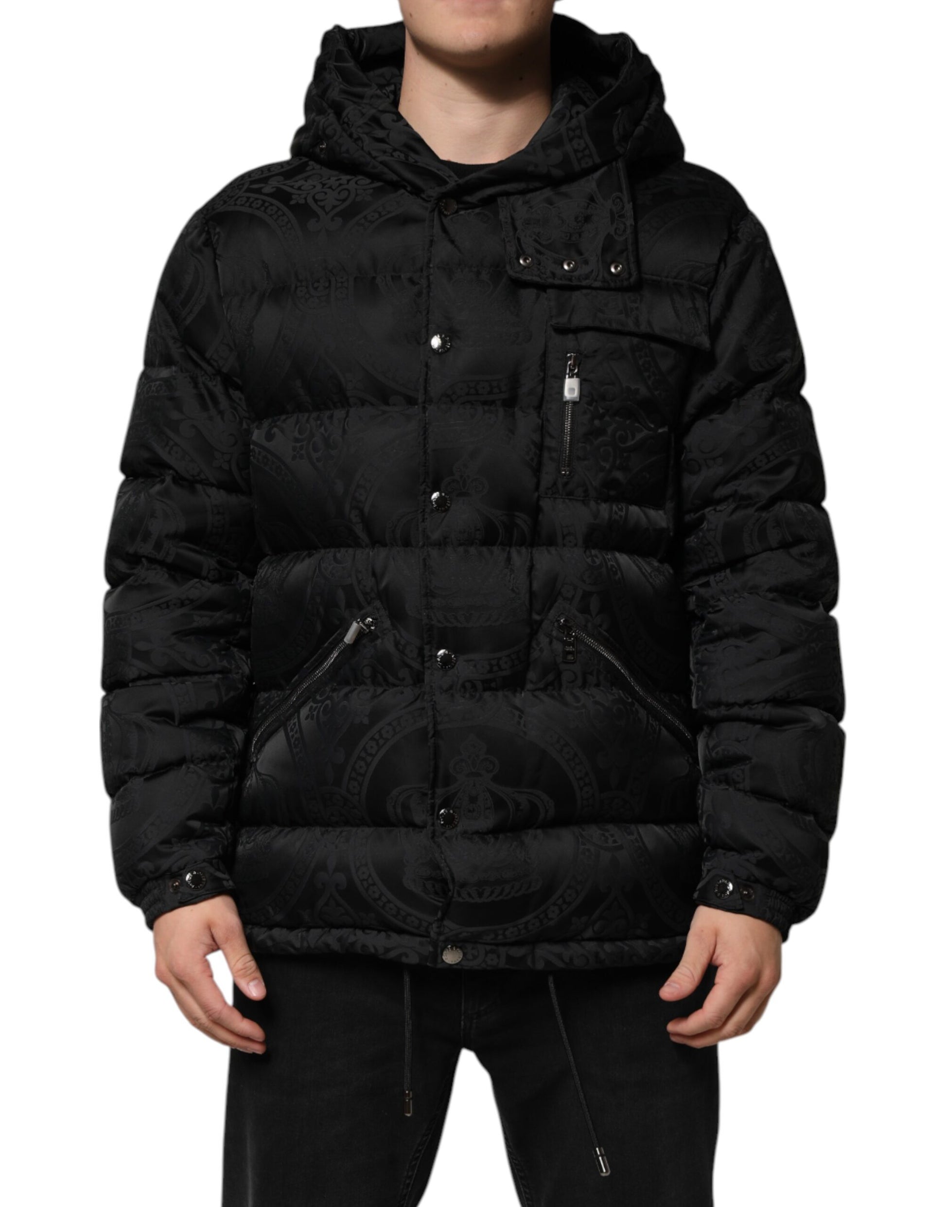 Dolce & Gabbana Black Jacquard Quilted Puffer Hooded Jacket