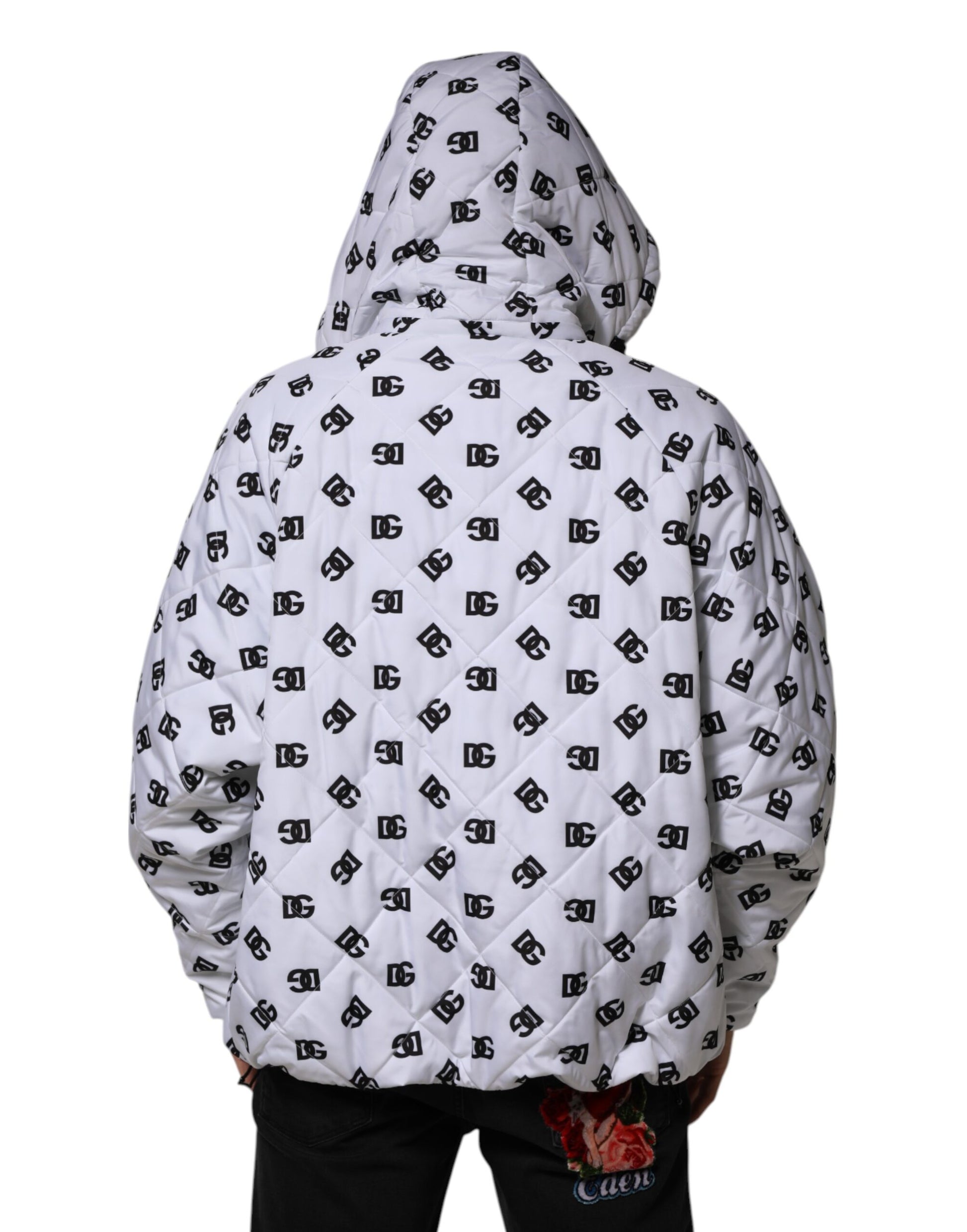 Dolce & Gabbana White DG Monogram Hooded Quilted Jacket