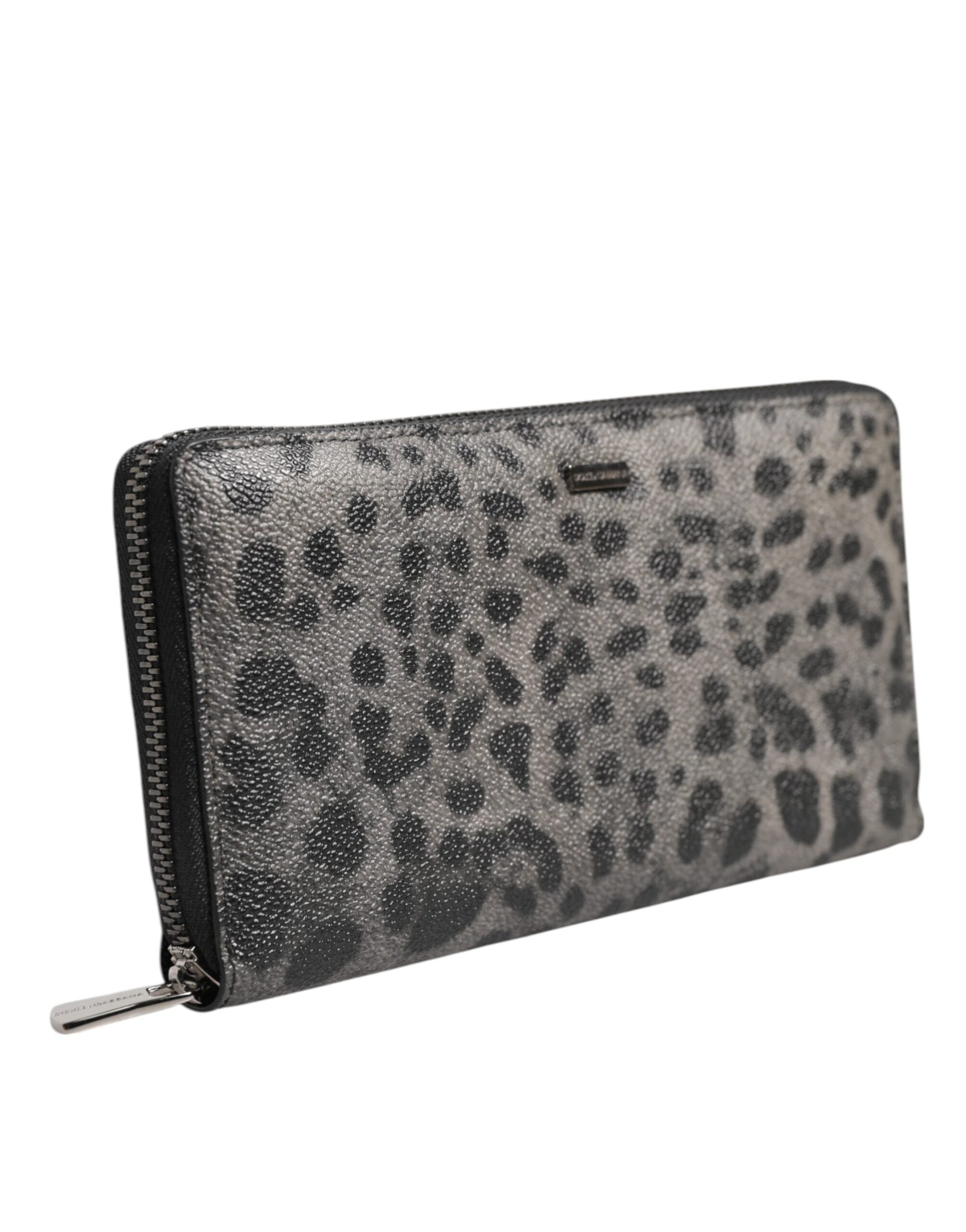 Dolce & Gabbana Black Gray Leopard Leather Zip Around Continental Wallet