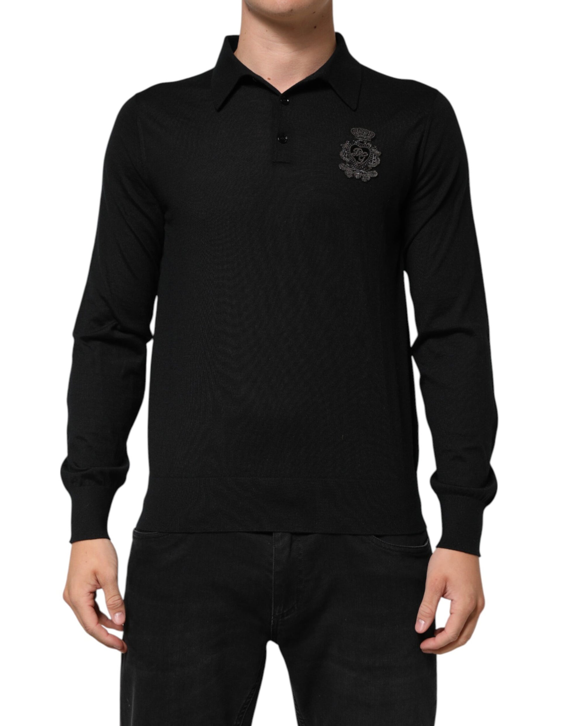 Dolce & Gabbana Black Cashmere Polo Men Longsleeves Sweater