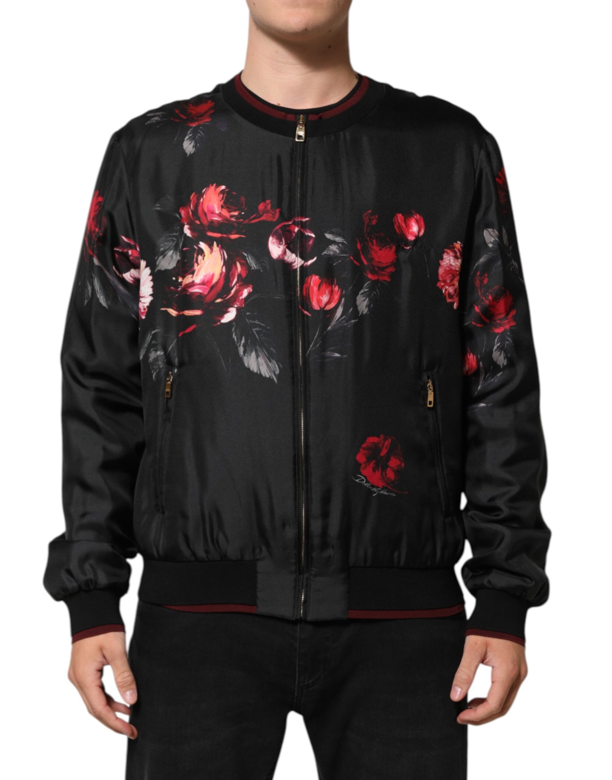 Dolce & Gabbana Black Red Floral Silk Bomber Blouson Jacket