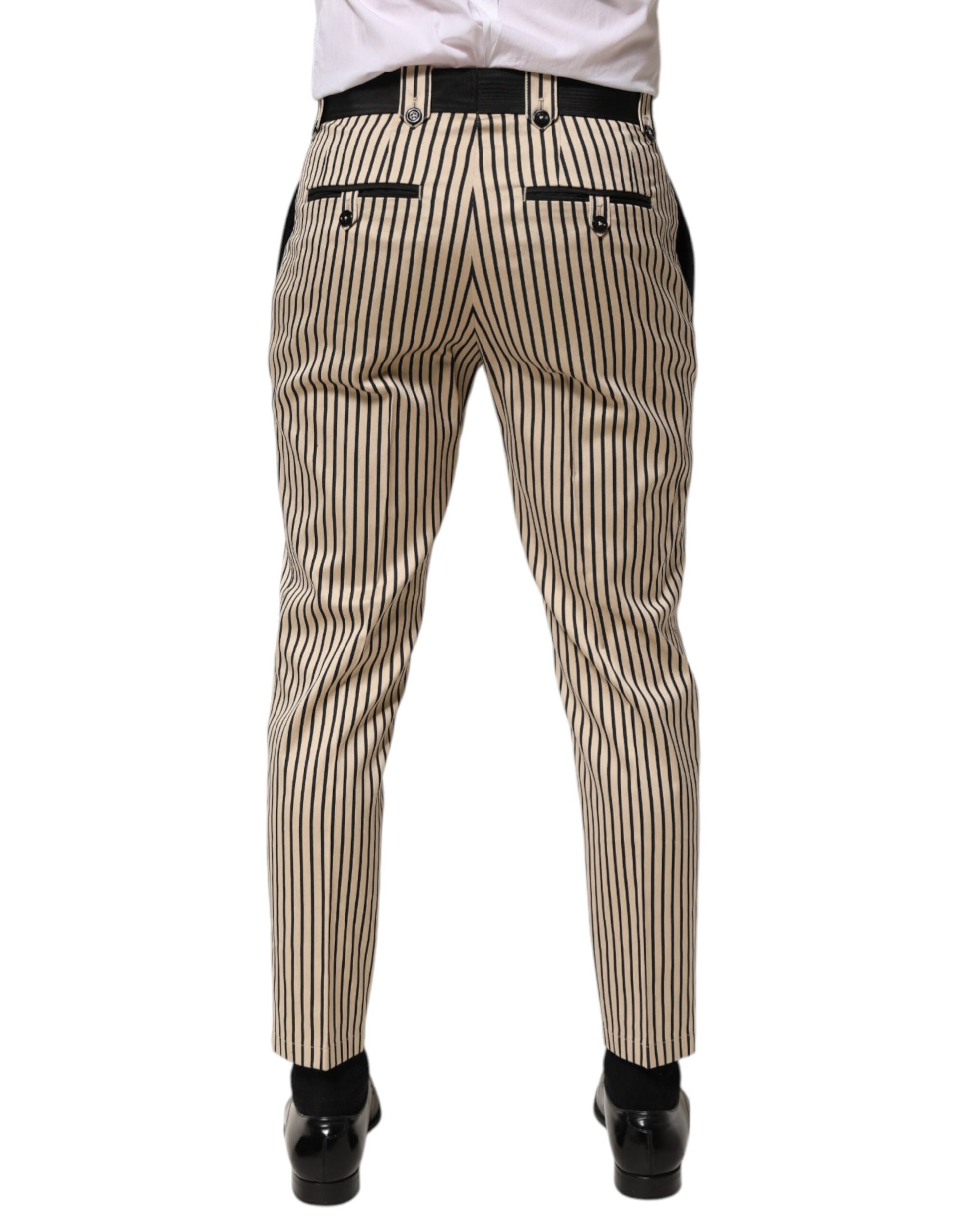 Dolce & Gabbana Beige Black Striped Cotton Slim Fit Trousers Pants