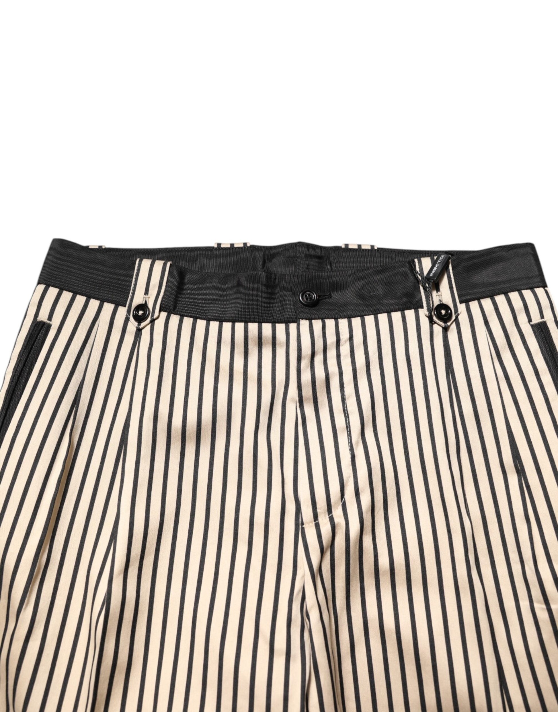 Dolce & Gabbana Beige Black Striped Cotton Slim Fit Trousers Pants