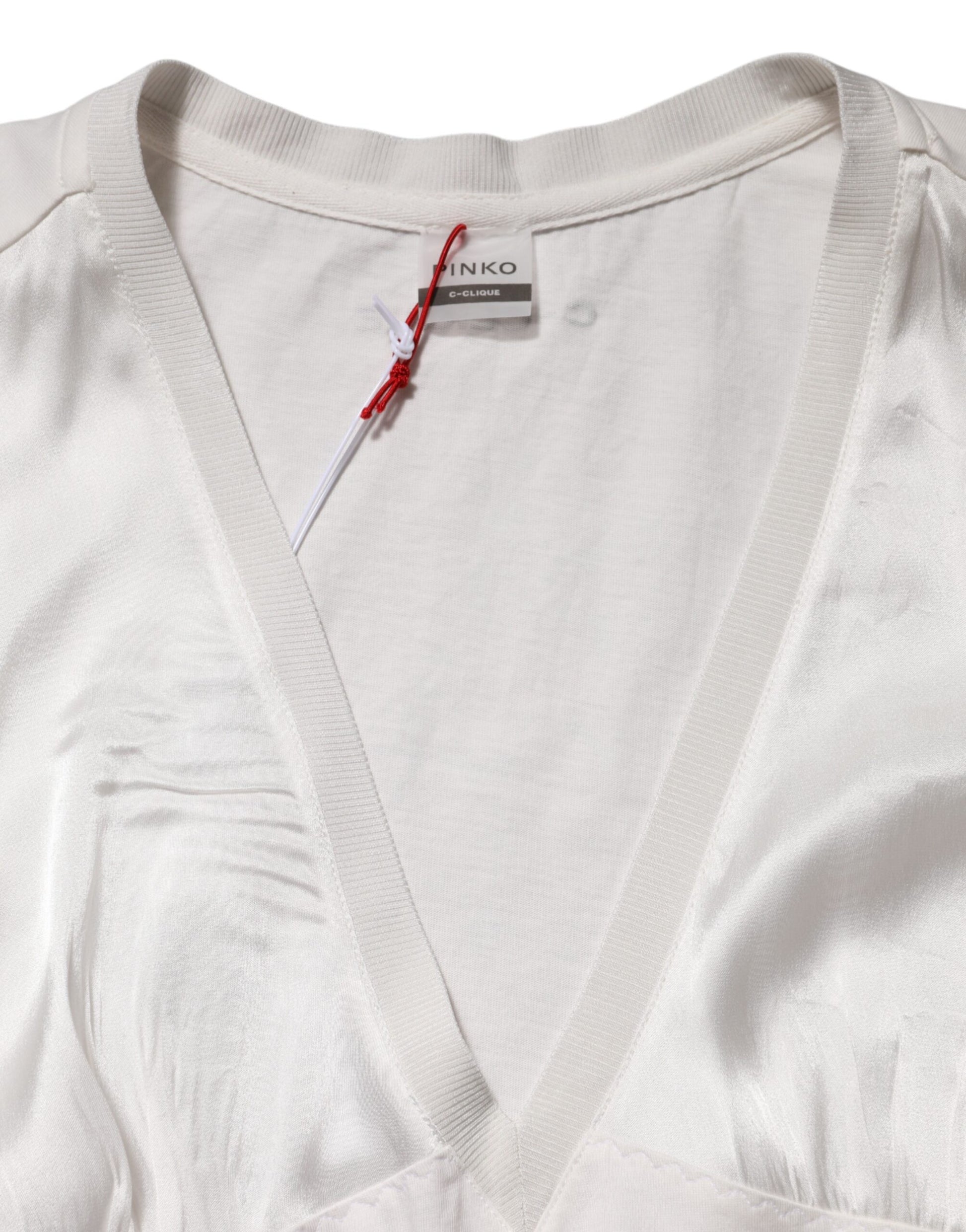 PINKO White Silk Blend Lace Trim Sleeveless V-Neck Women’s Top