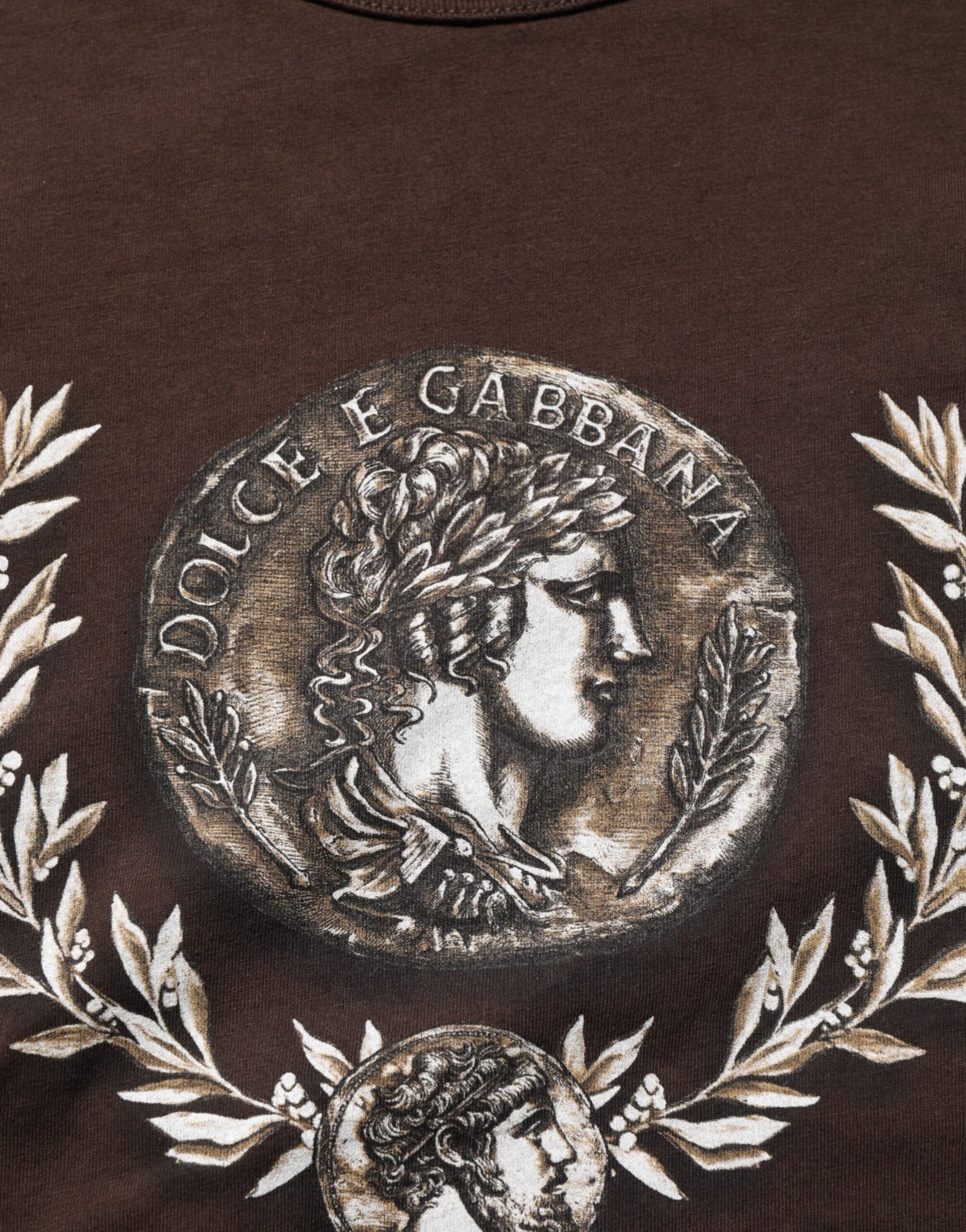 Dolce & Gabbana Brown Coin Laurel Print Men Crew Neck T-shirt