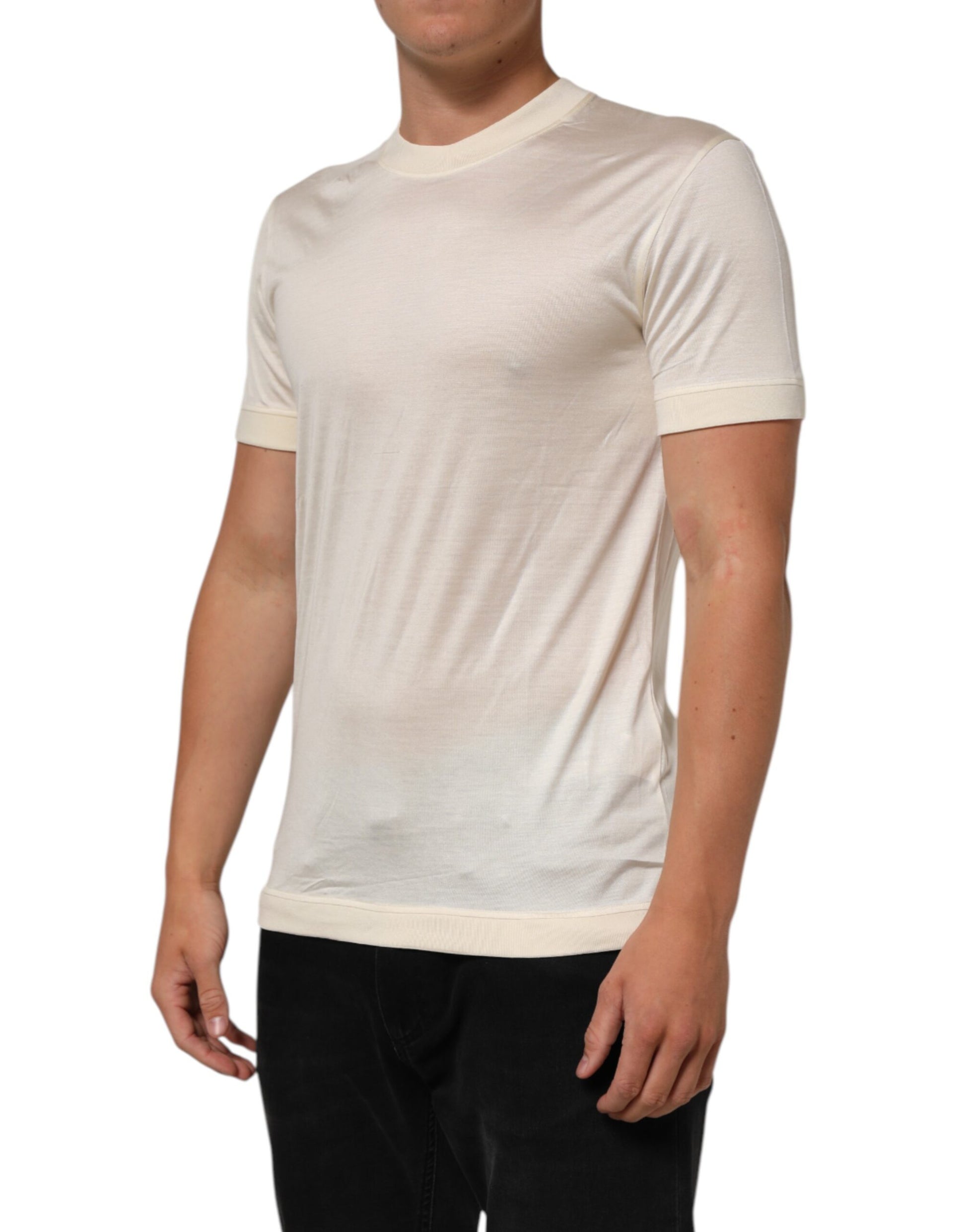 Dolce & Gabbana Off White Silk Crew Neck Short Sleeve T-shirt