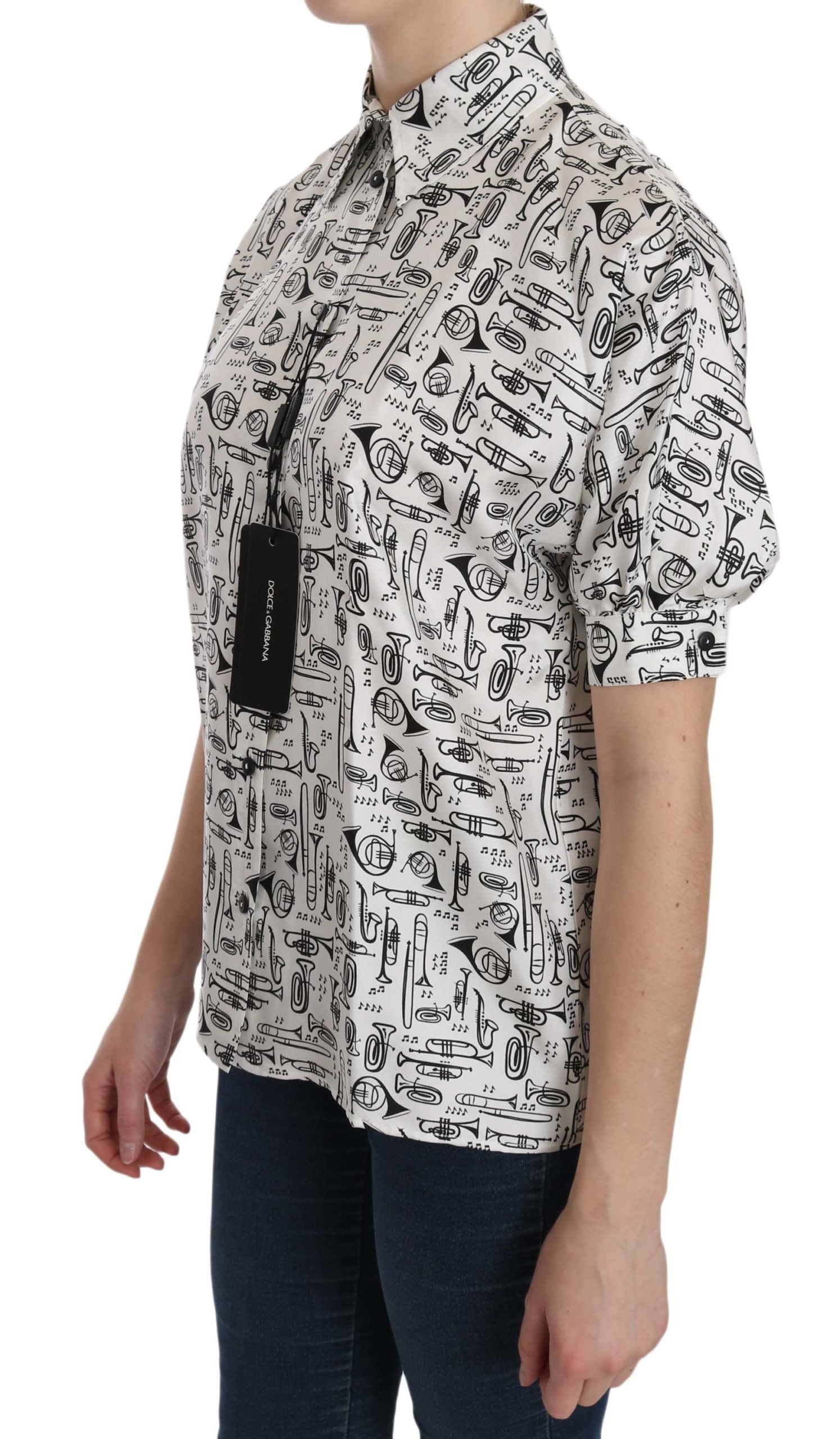 Weiße Bluse mit Kragen und Musikinstrumenten-Motiv
