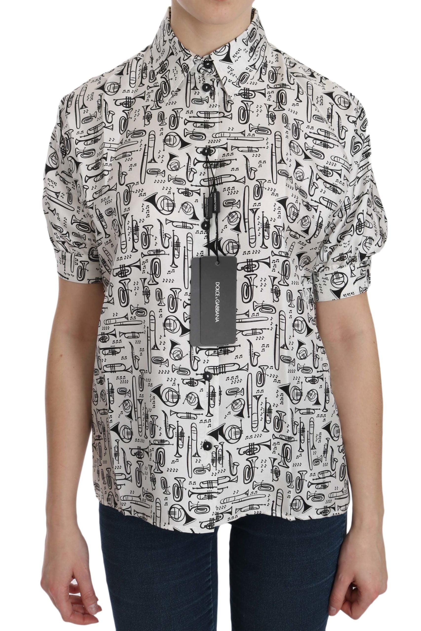 Weiße Bluse mit Kragen und Musikinstrumenten-Motiv