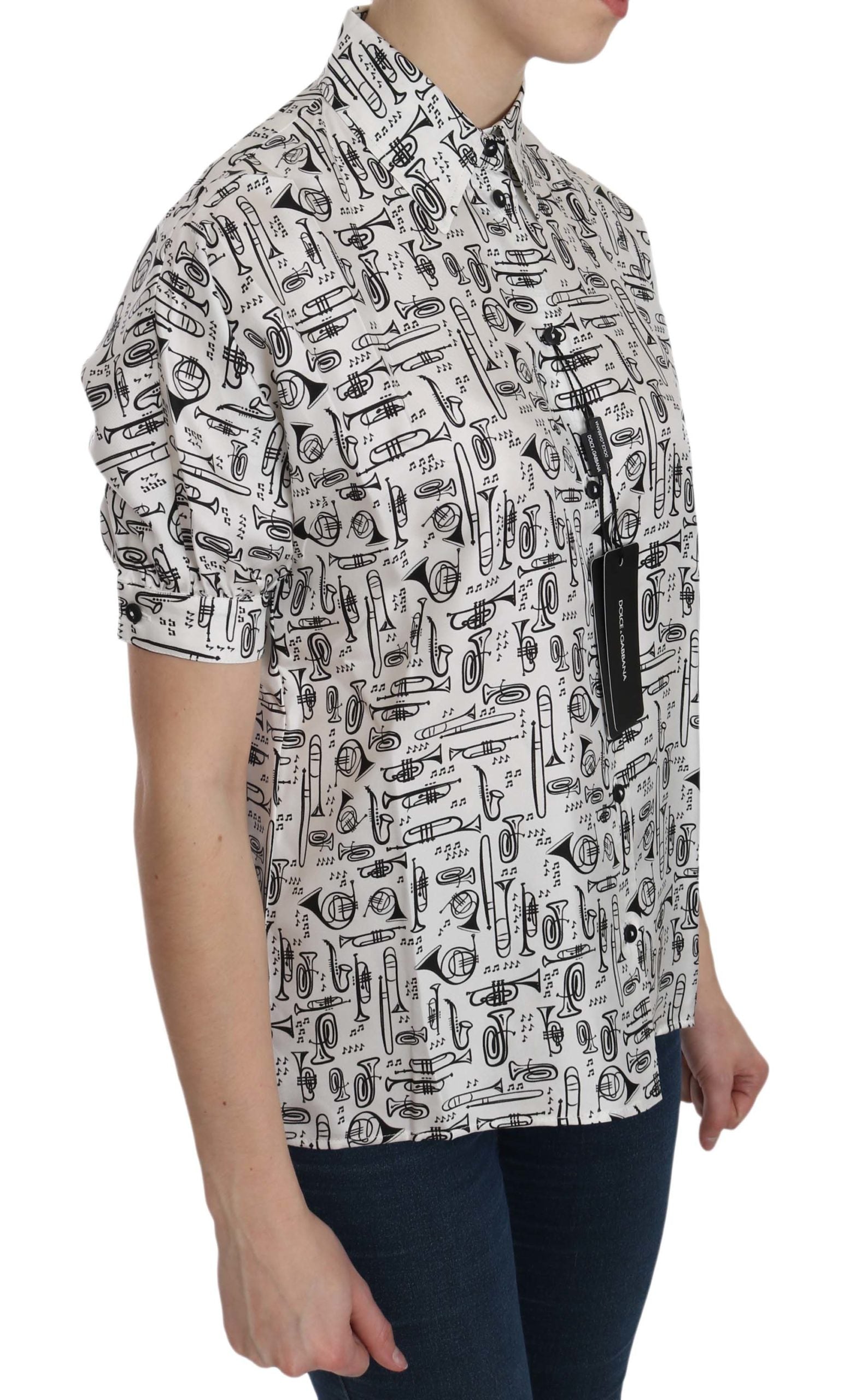 Weiße Bluse mit Kragen und Musikinstrumenten-Motiv