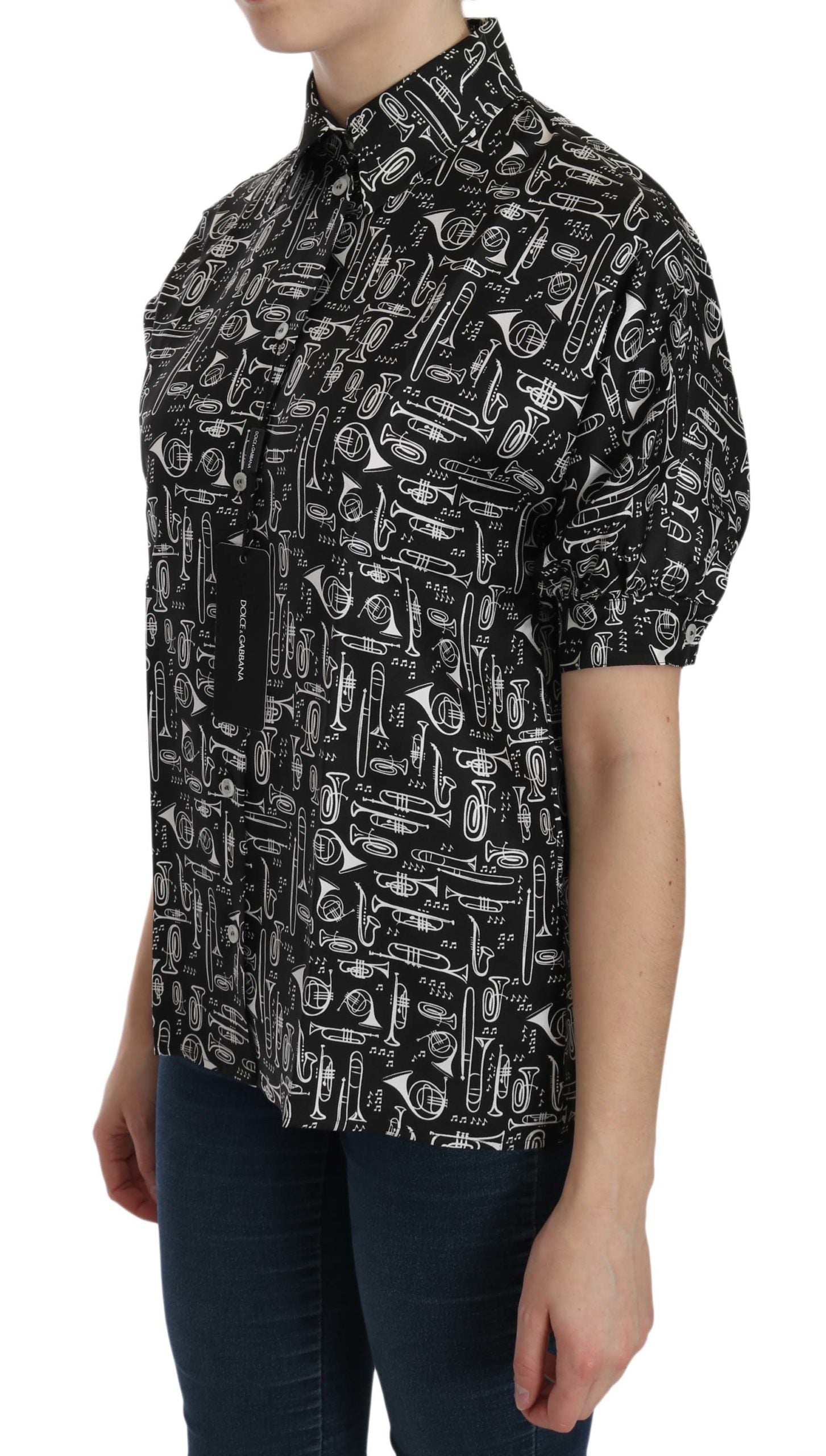 Schwarze Bluse mit Kragen und Musikinstrumenten-Motiv