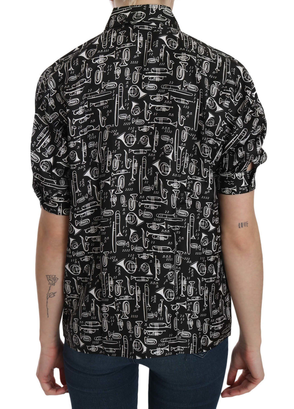 Schwarze Bluse mit Kragen und Musikinstrumenten-Motiv