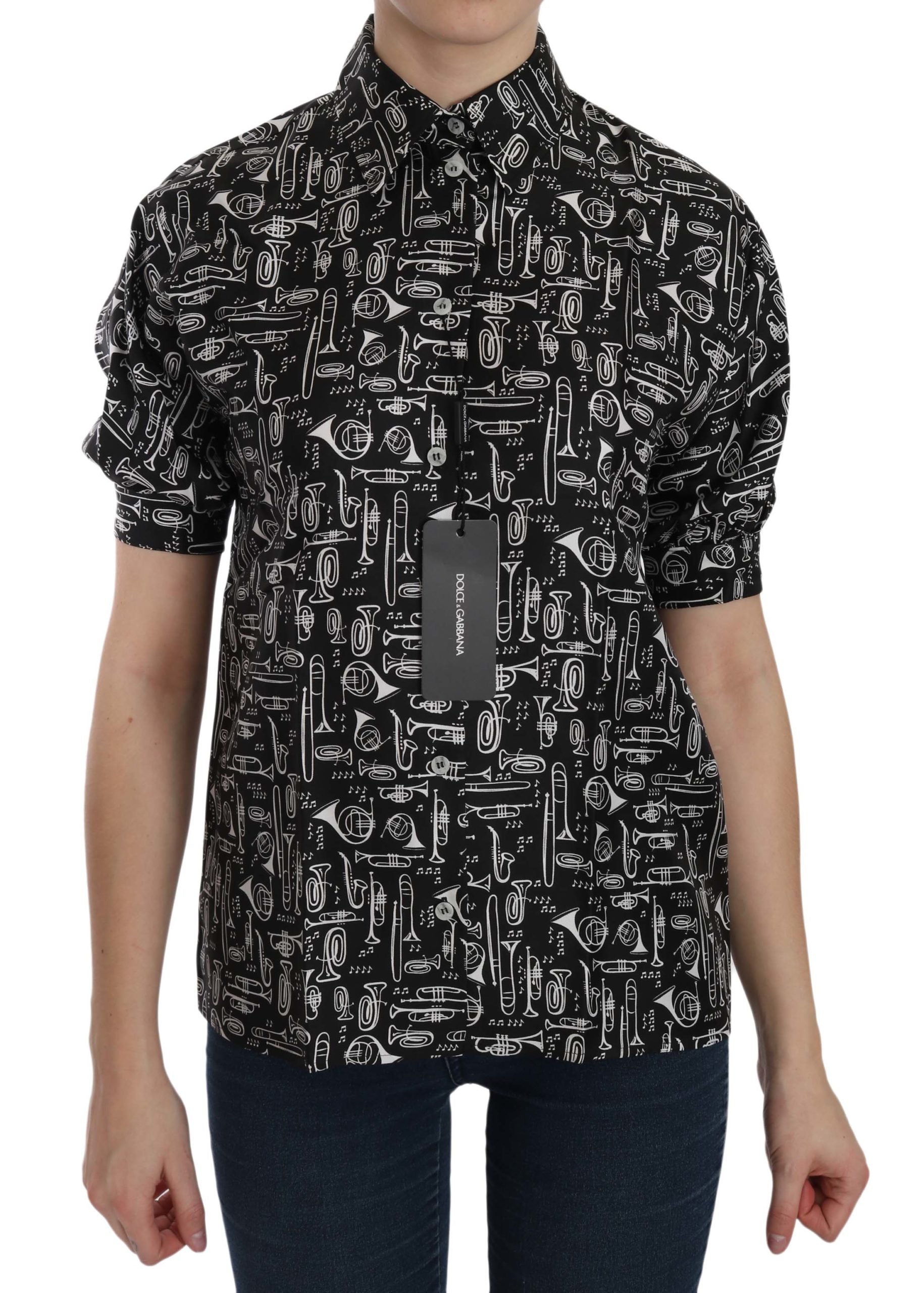 Schwarze Bluse mit Kragen und Musikinstrumenten-Motiv