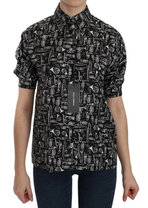 Schwarze Bluse mit Kragen und Musikinstrumenten-Motiv