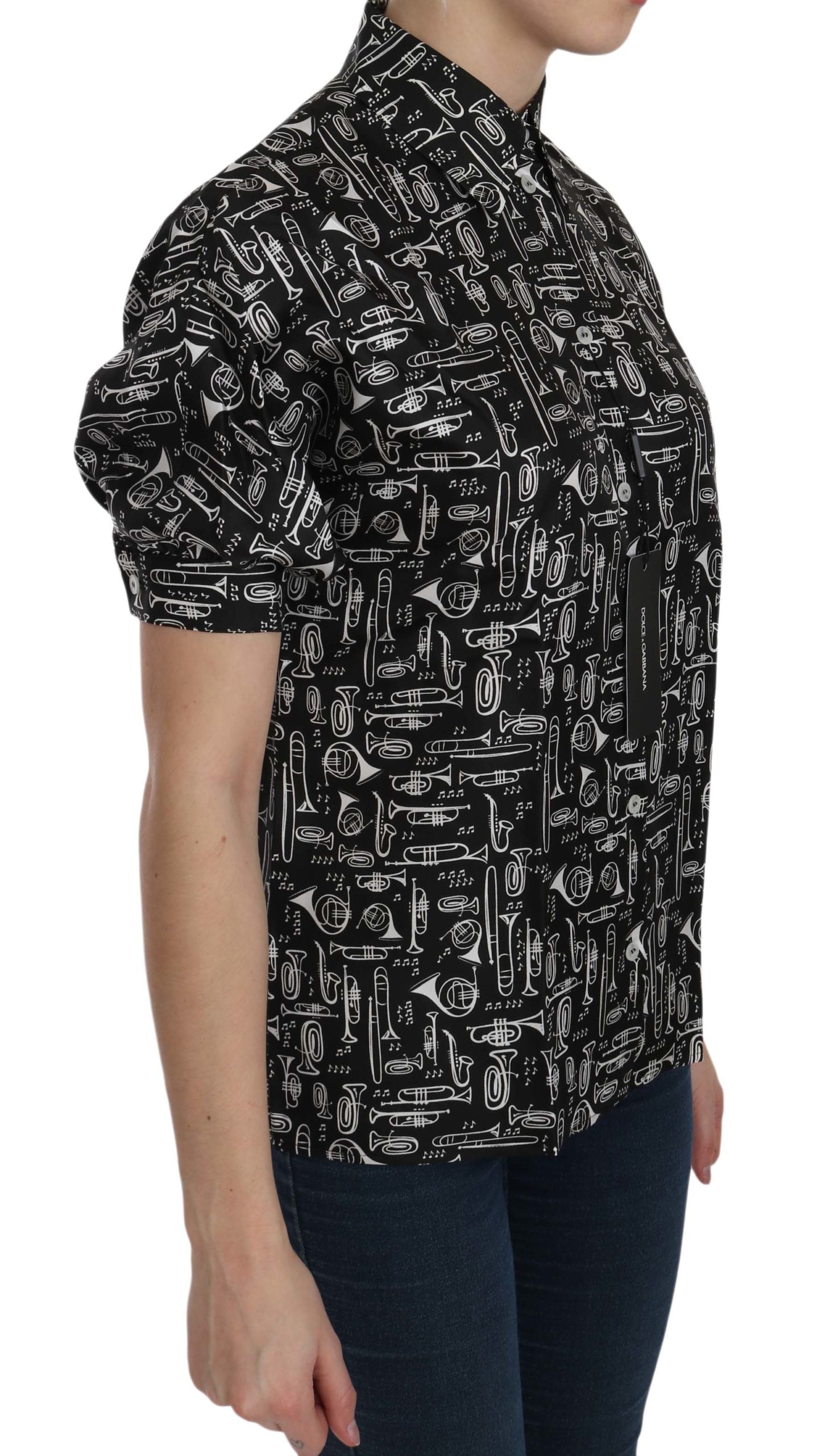 Schwarze Bluse mit Kragen und Musikinstrumenten-Motiv