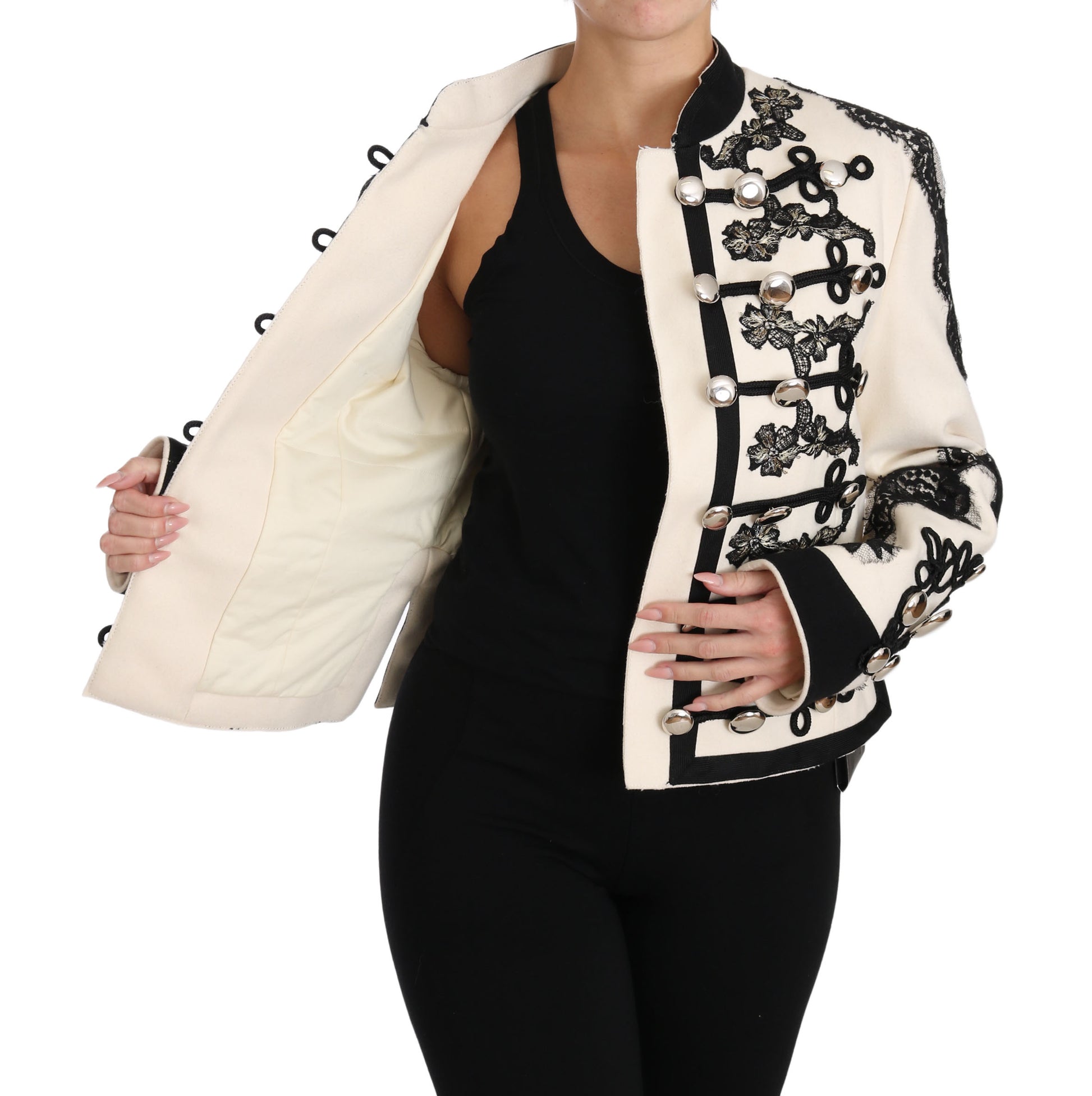 Weiße, schwarze, geblümte Barockjacke aus Wolle