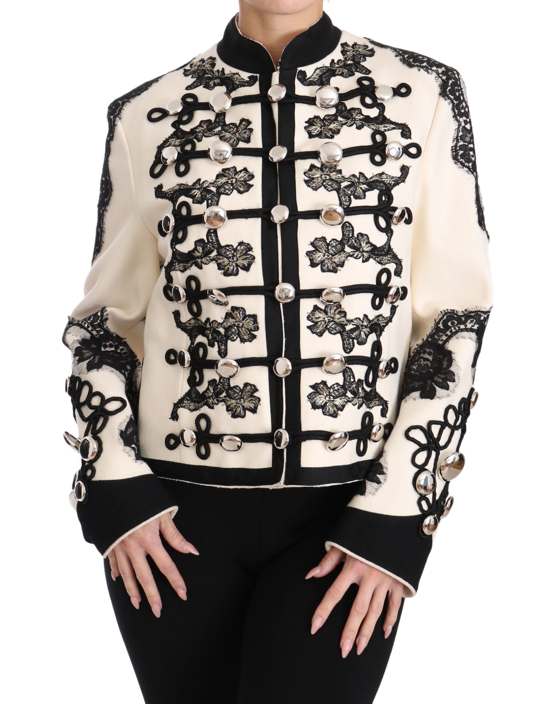 Weiße, schwarze, geblümte Barockjacke aus Wolle