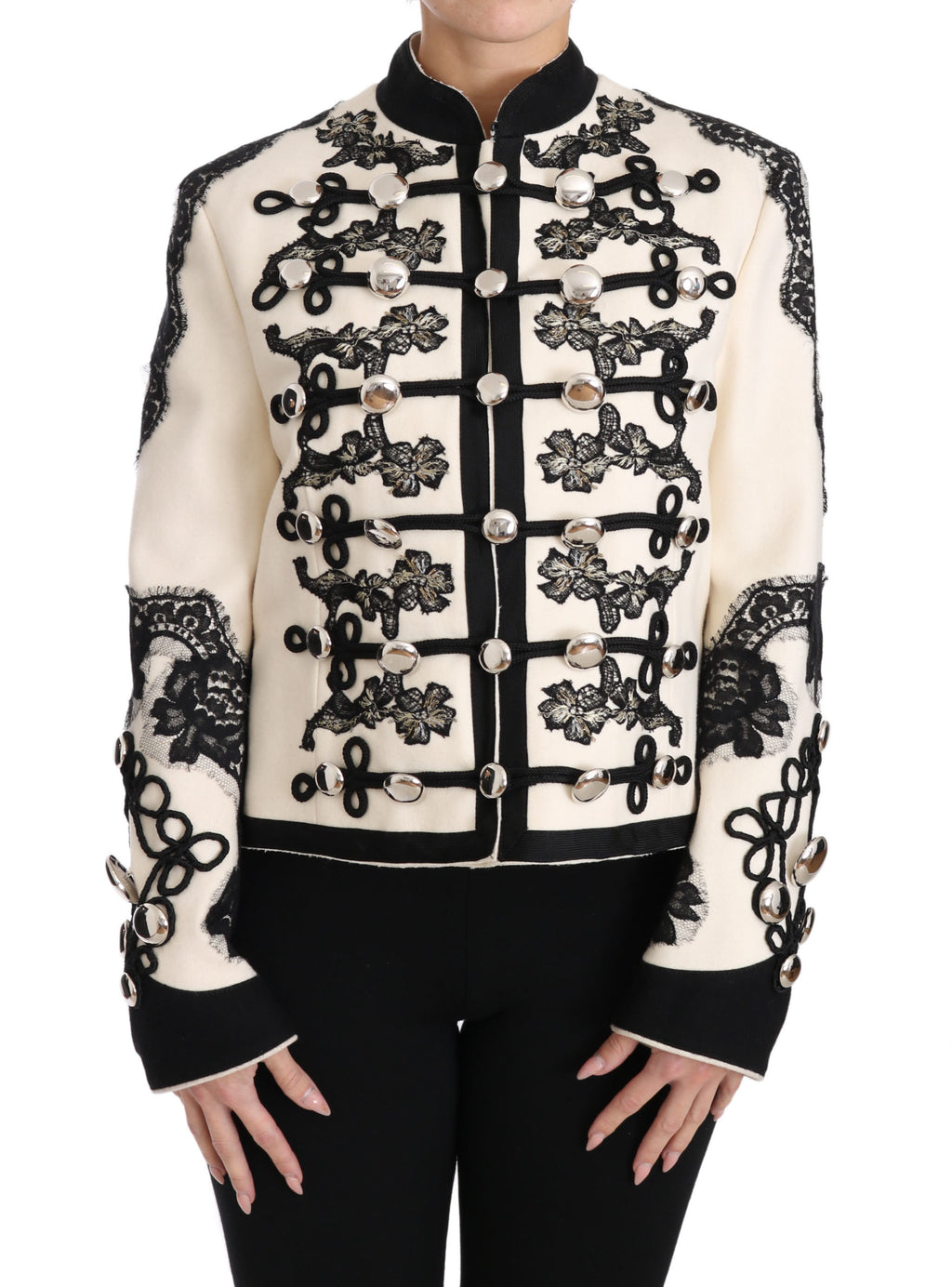 Weiße, schwarze, geblümte Barockjacke aus Wolle