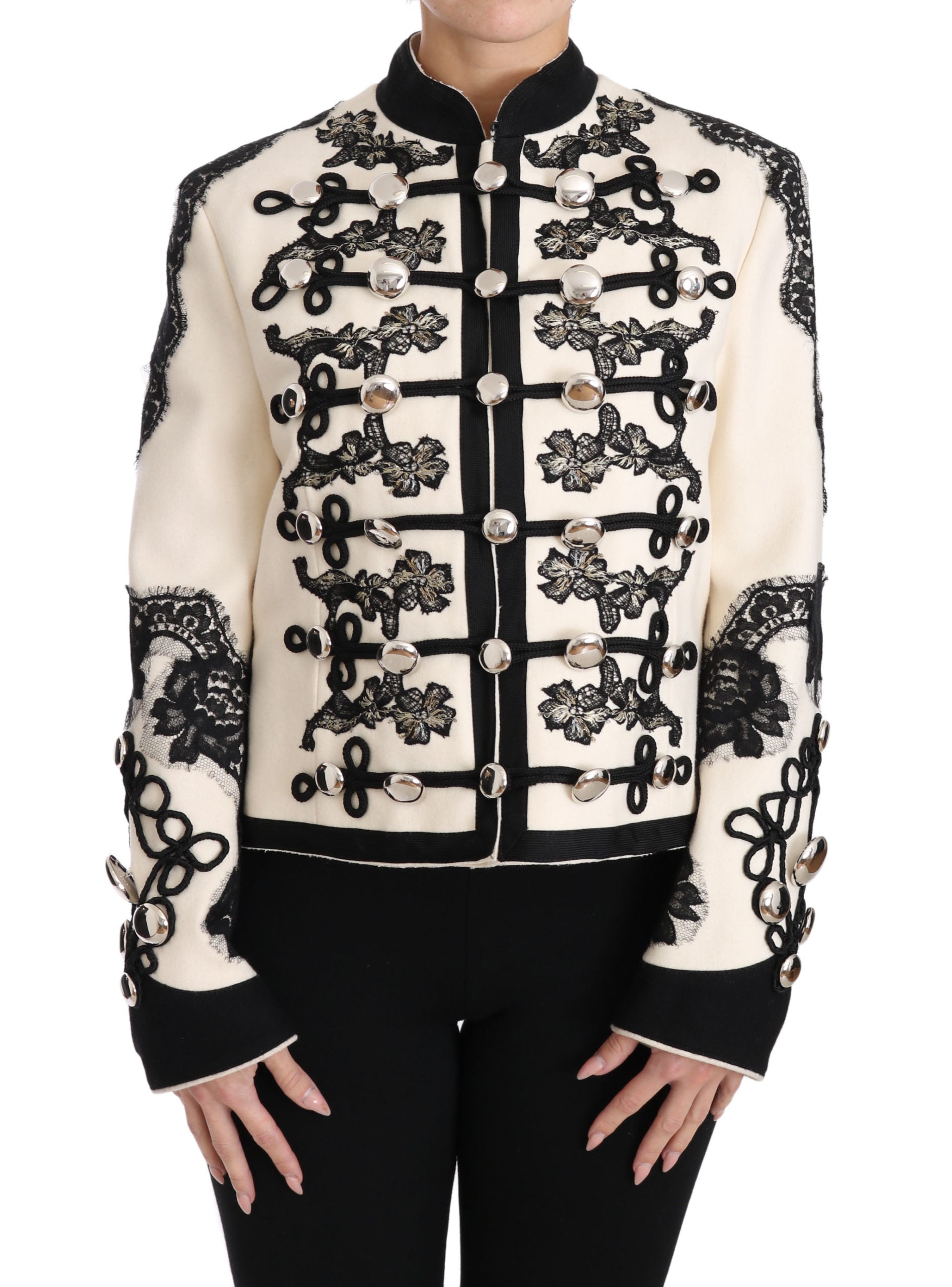 Weiße, schwarze, geblümte Barockjacke aus Wolle