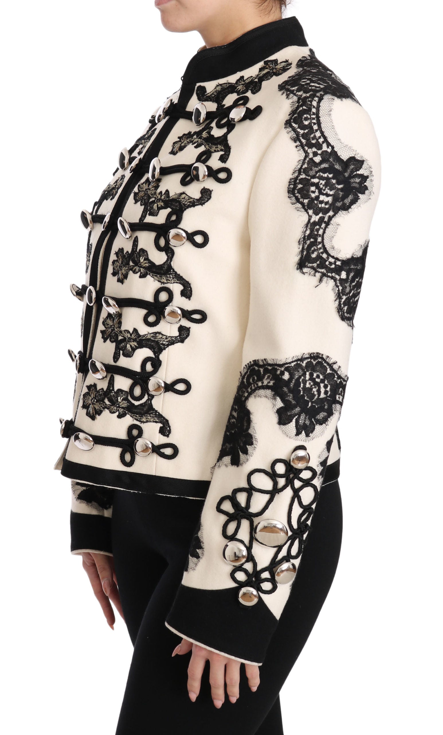 Weiße, schwarze, geblümte Barockjacke aus Wolle