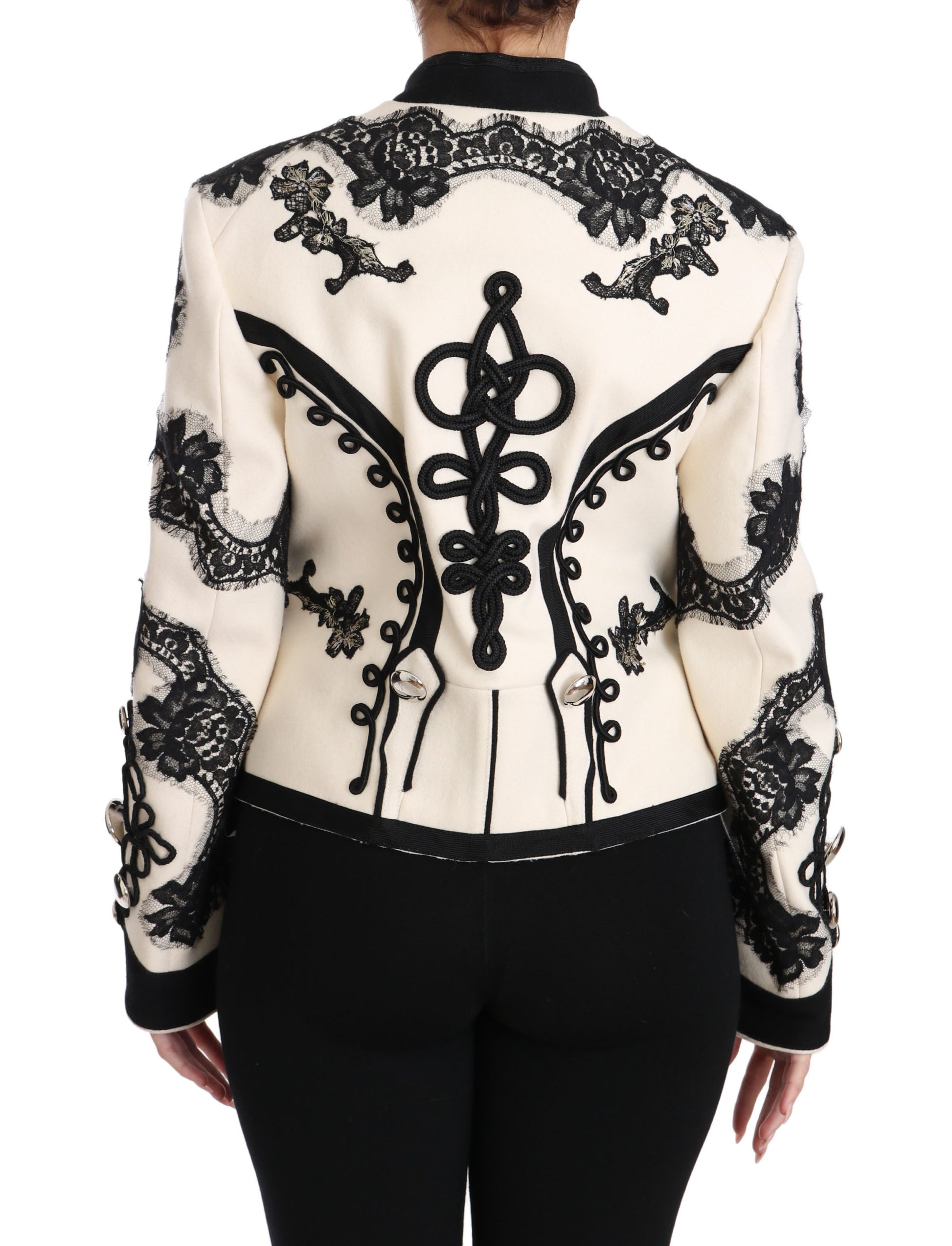 Weiße, schwarze, geblümte Barockjacke aus Wolle