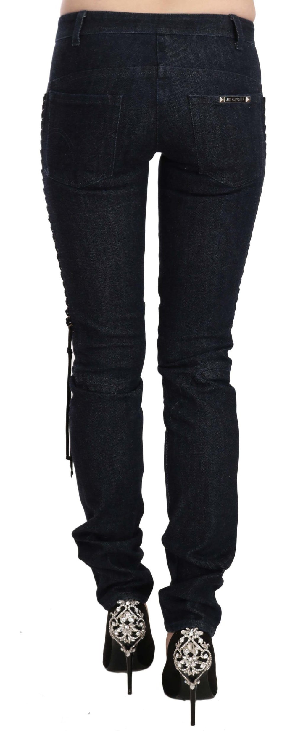 Blaue Skinny-Hose mit niedriger Taille und geflochtenen String-Hosen
