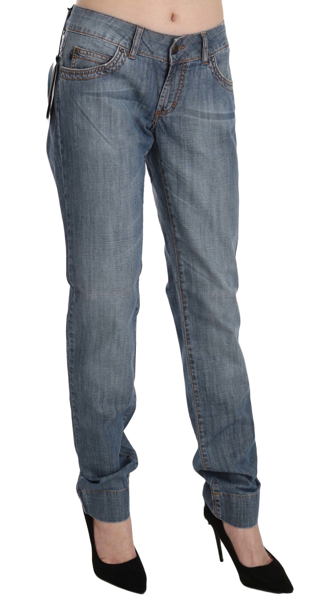 Blaue, verwaschene Slim Fit-Jeans aus Baumwolle mit niedriger Taille