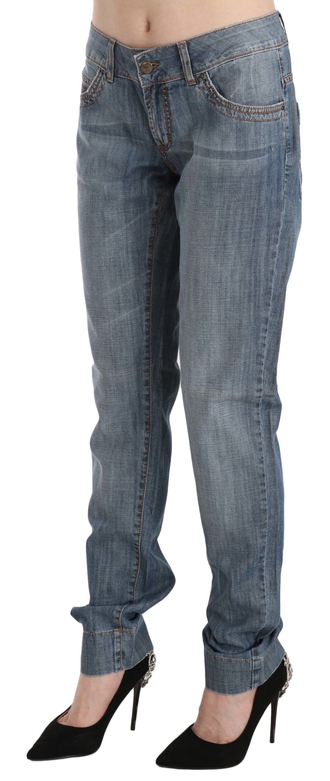 Blaue, verwaschene Slim Fit-Jeans aus Baumwolle mit niedriger Taille