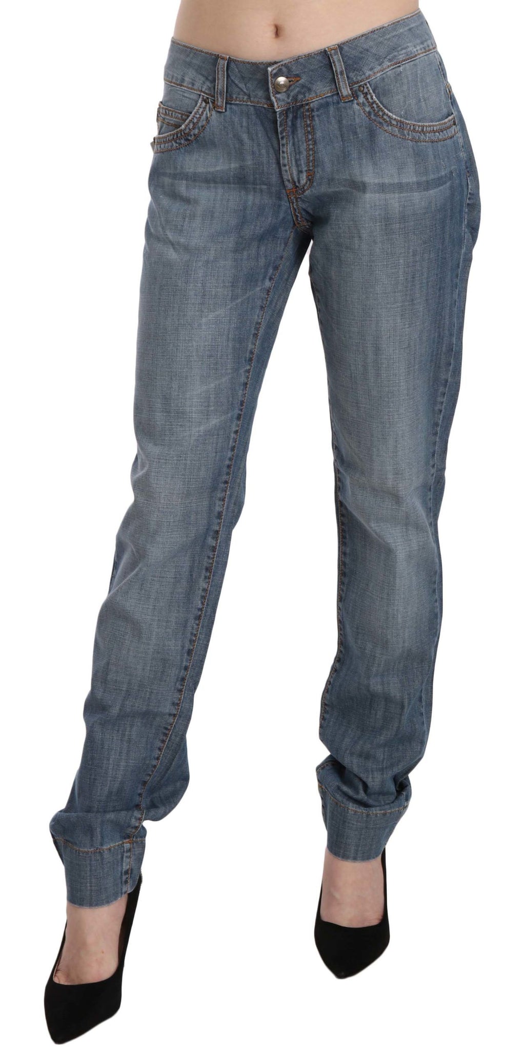 Blaue, verwaschene Slim Fit-Jeans aus Baumwolle mit niedriger Taille