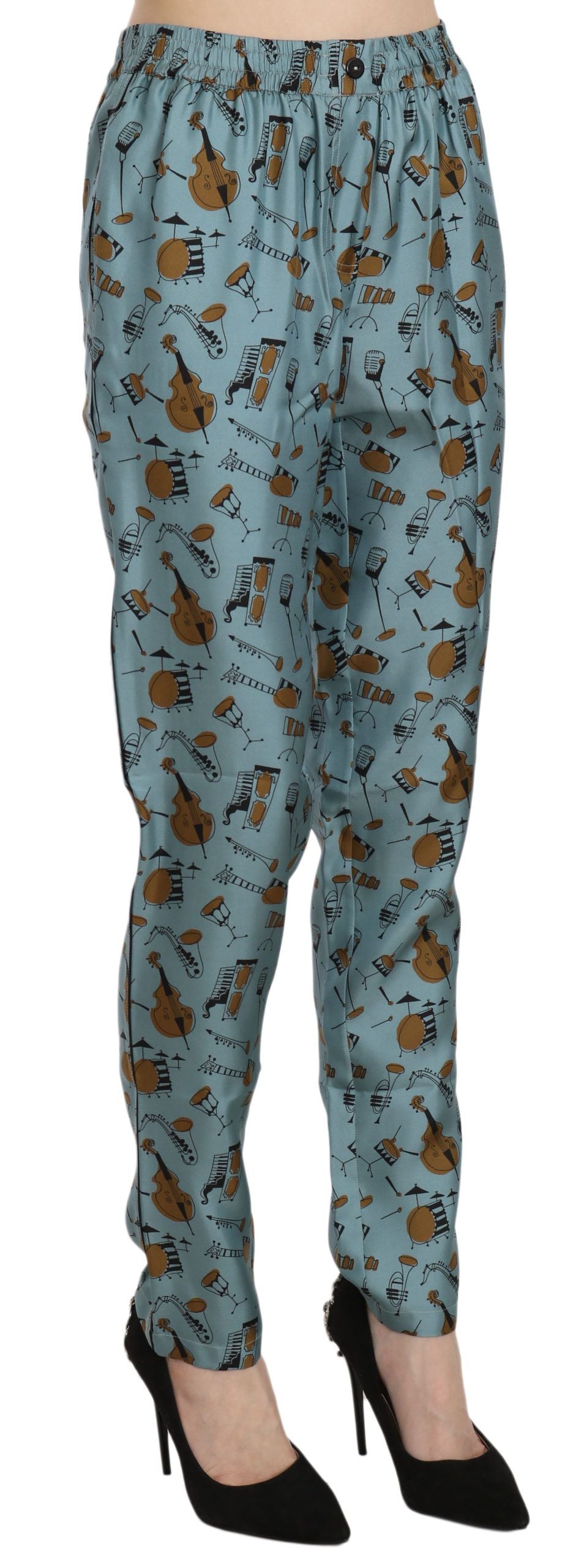 Blaue Karottenhose mit Musikinstrumenten-Print