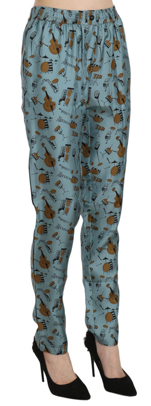 Blaue Karottenhose mit Musikinstrumenten-Print